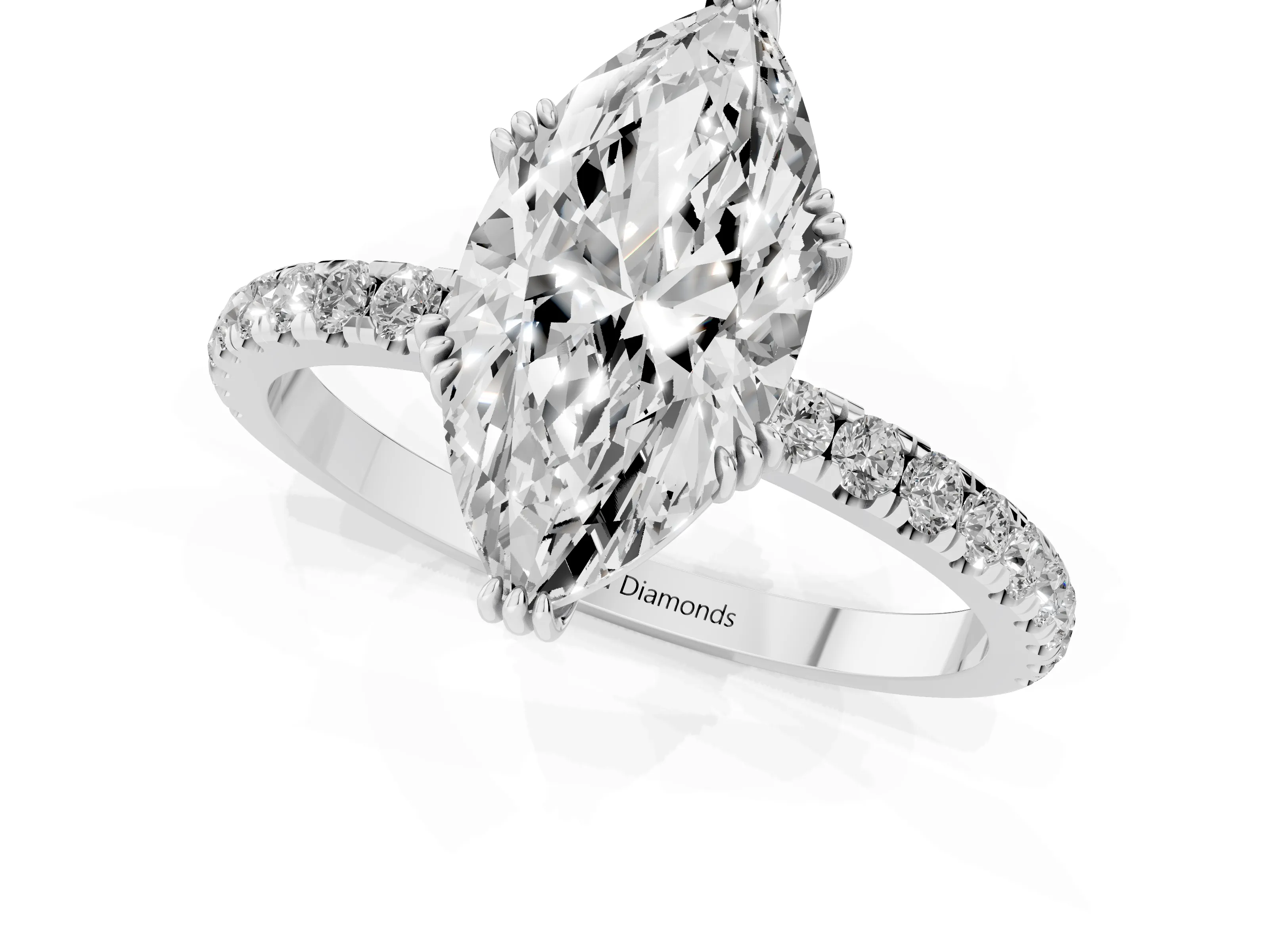 Marquise Cut Diamond Brilliant Solitaire Set in White gold with Pavé Band and Claw Prong Setting