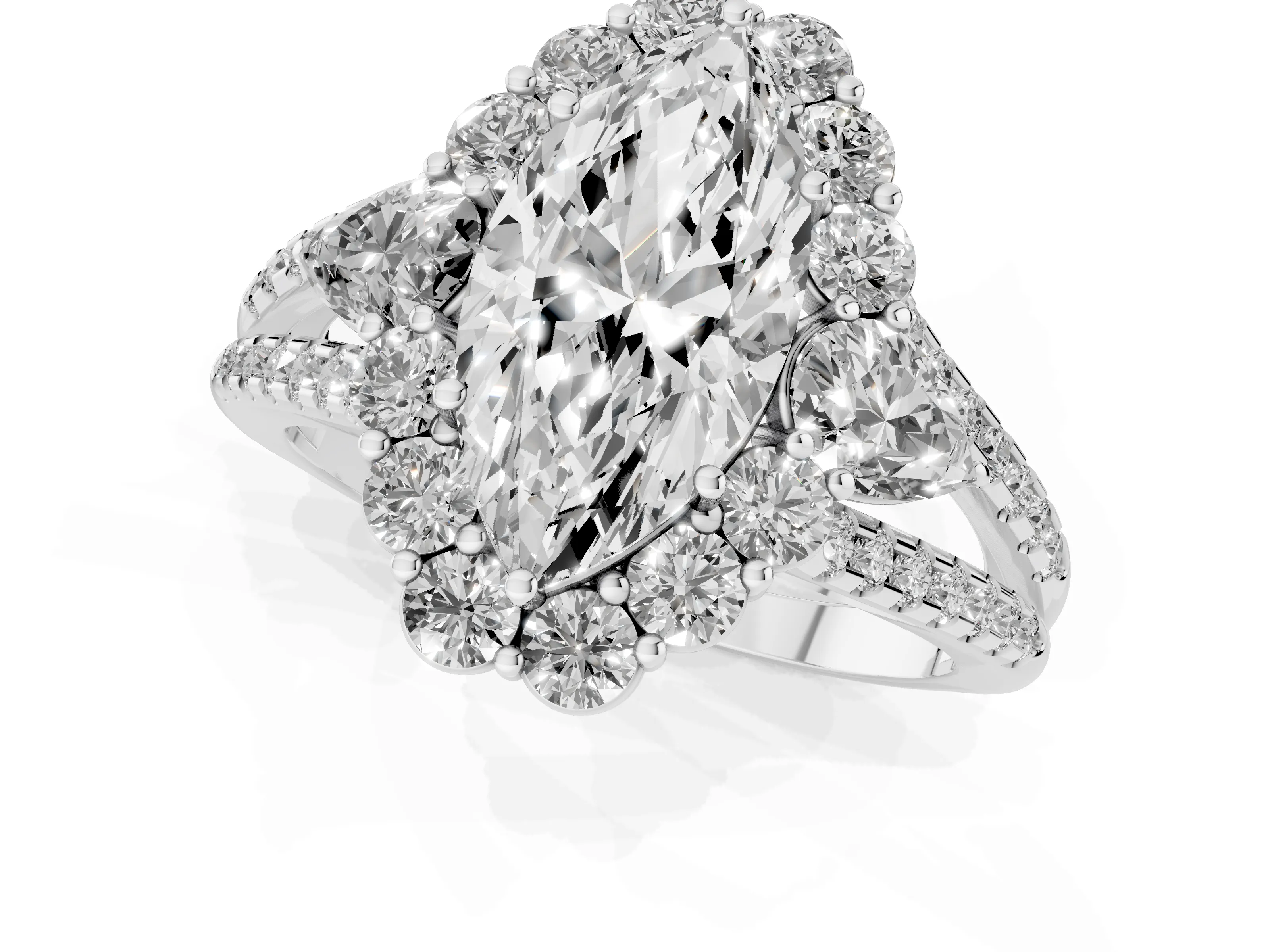 Marquise Cut Diamond Halo Split Shank Engagement Ring Set in White gold with Prong-Held Center Stone – second view