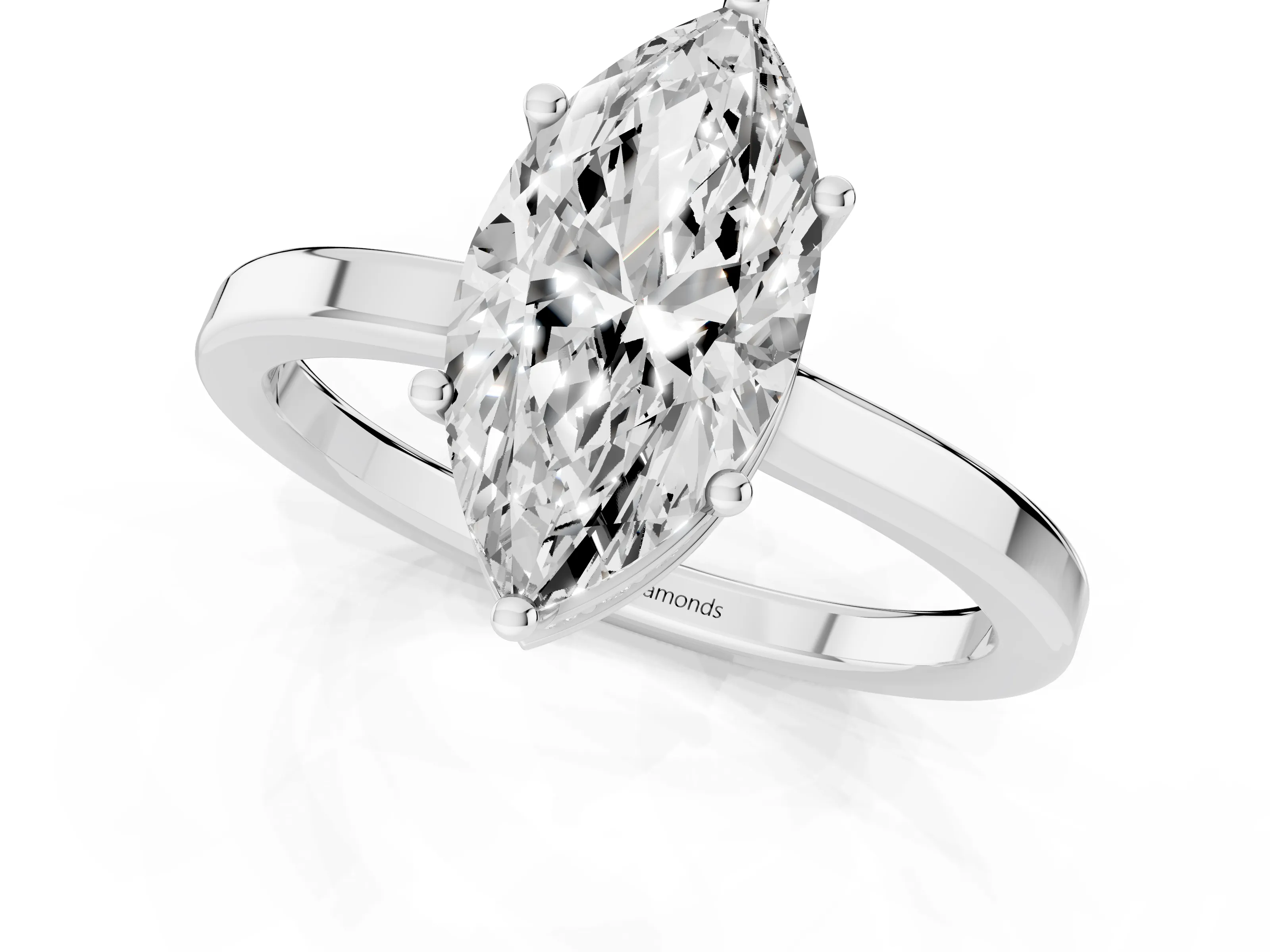Marquise Cut Diamond Solitaire Engagement Ring Set in Platinum with Prong Setting on a Plain Band