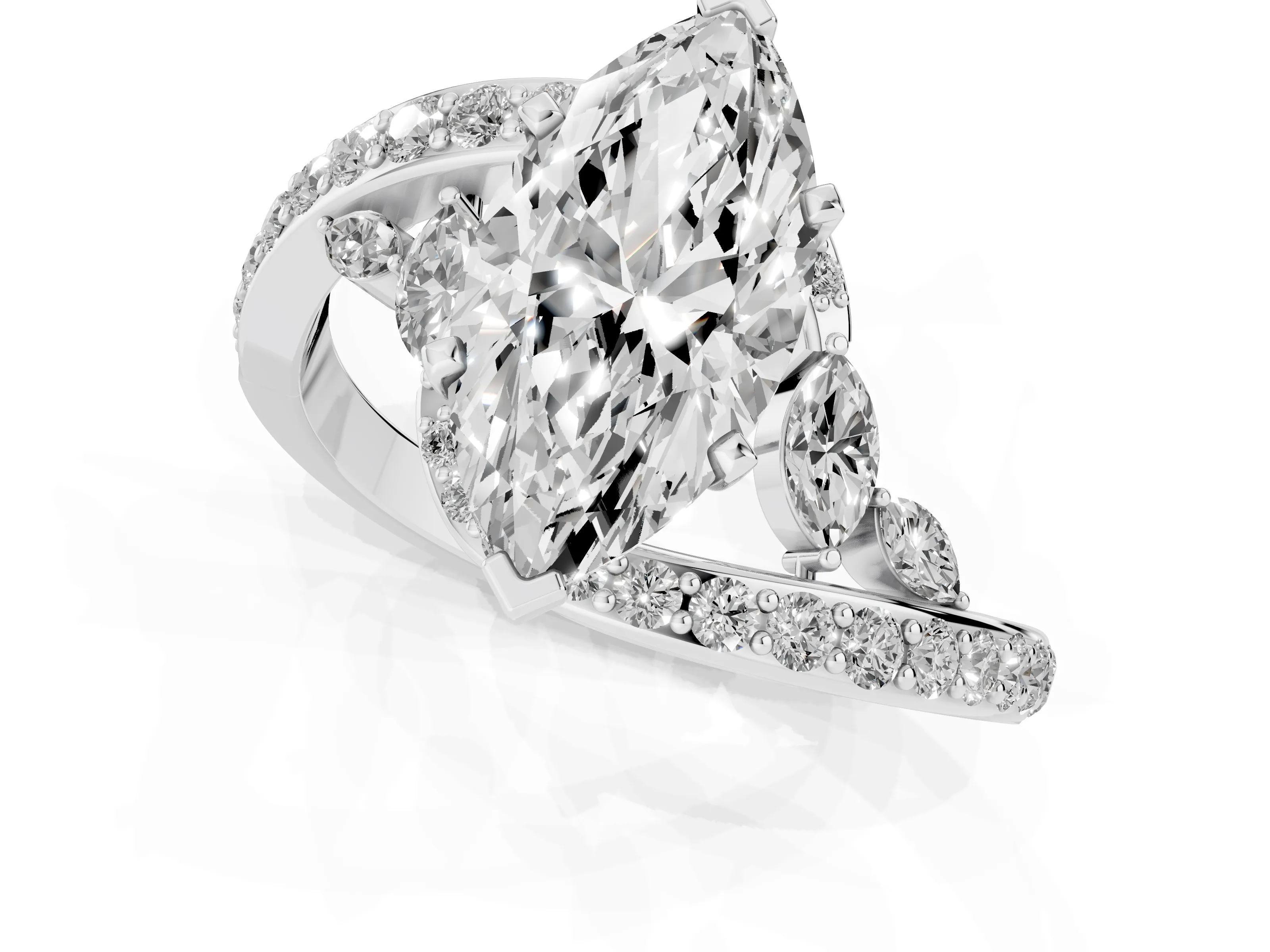 Marquise Cut Diamond Solitaire Ring Set in White gold with Pavé Twist Band and Secure Prong Setting – second view