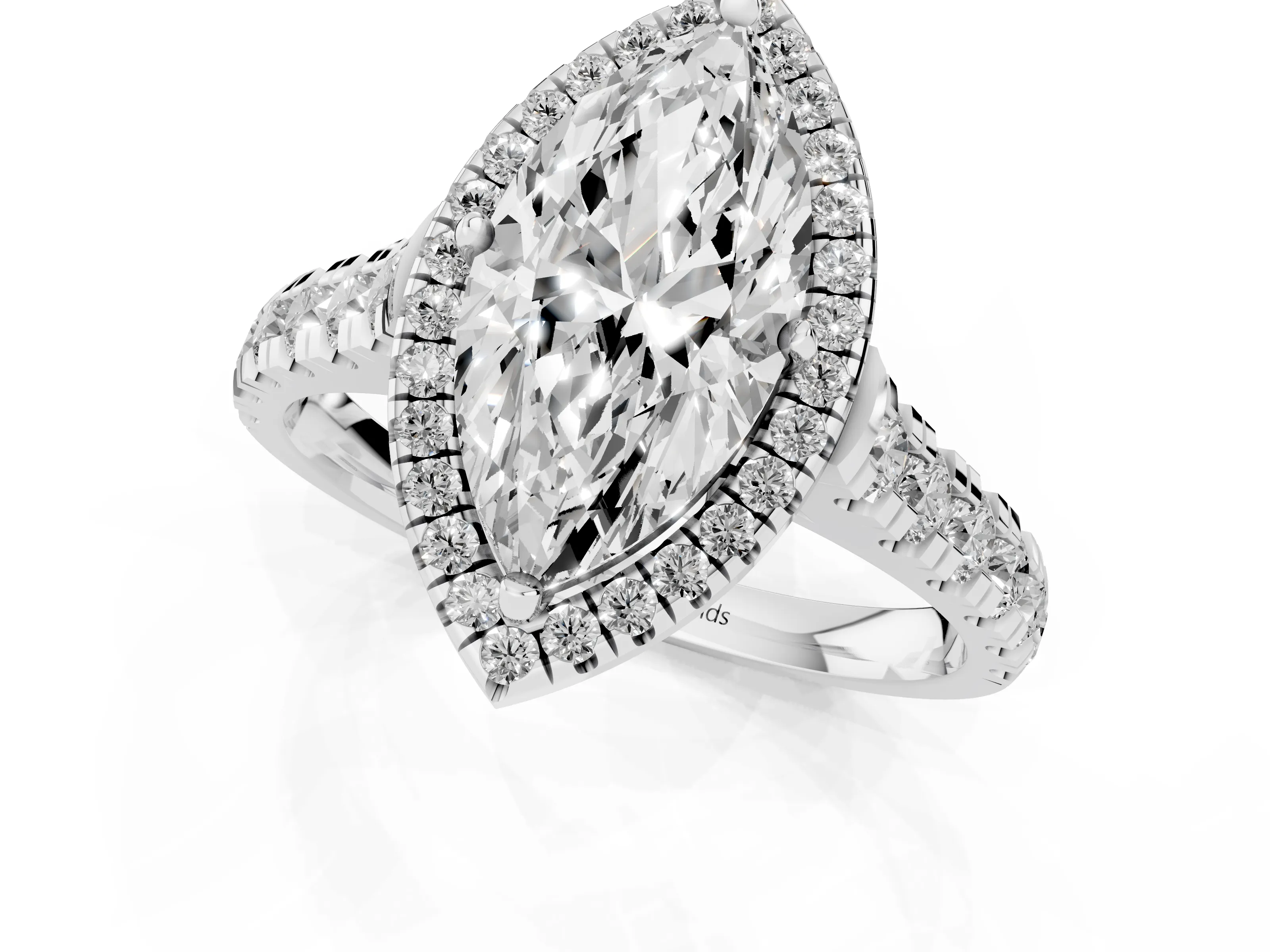 Marquise Cut Diamond Halo Engagement Ring Set in Platinum with Pavé Band and Prong-Set Center