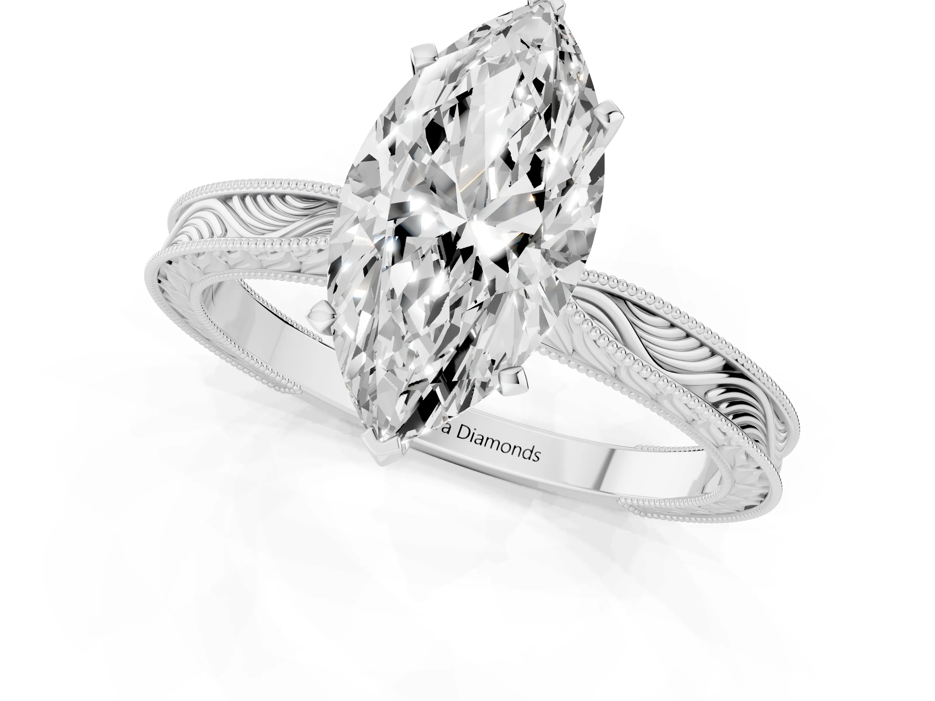 Marquise Cut Diamond Solitaire Milgrain Engraved Band Set in White gold with Prong Setting