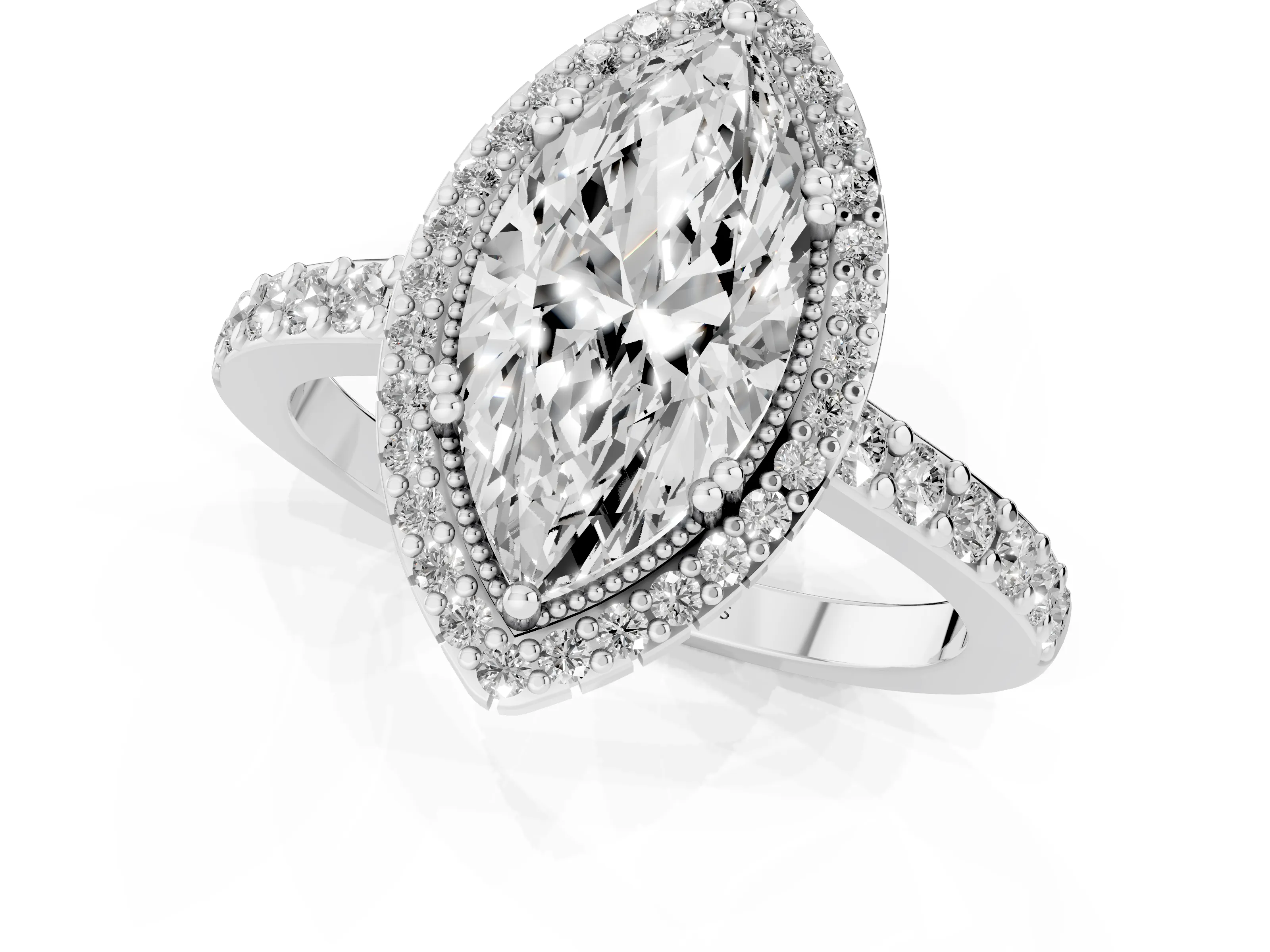Marquise Cut Diamond Halo Engagement Ring Set in Platinum with Milgrain Detail and Pavé Band