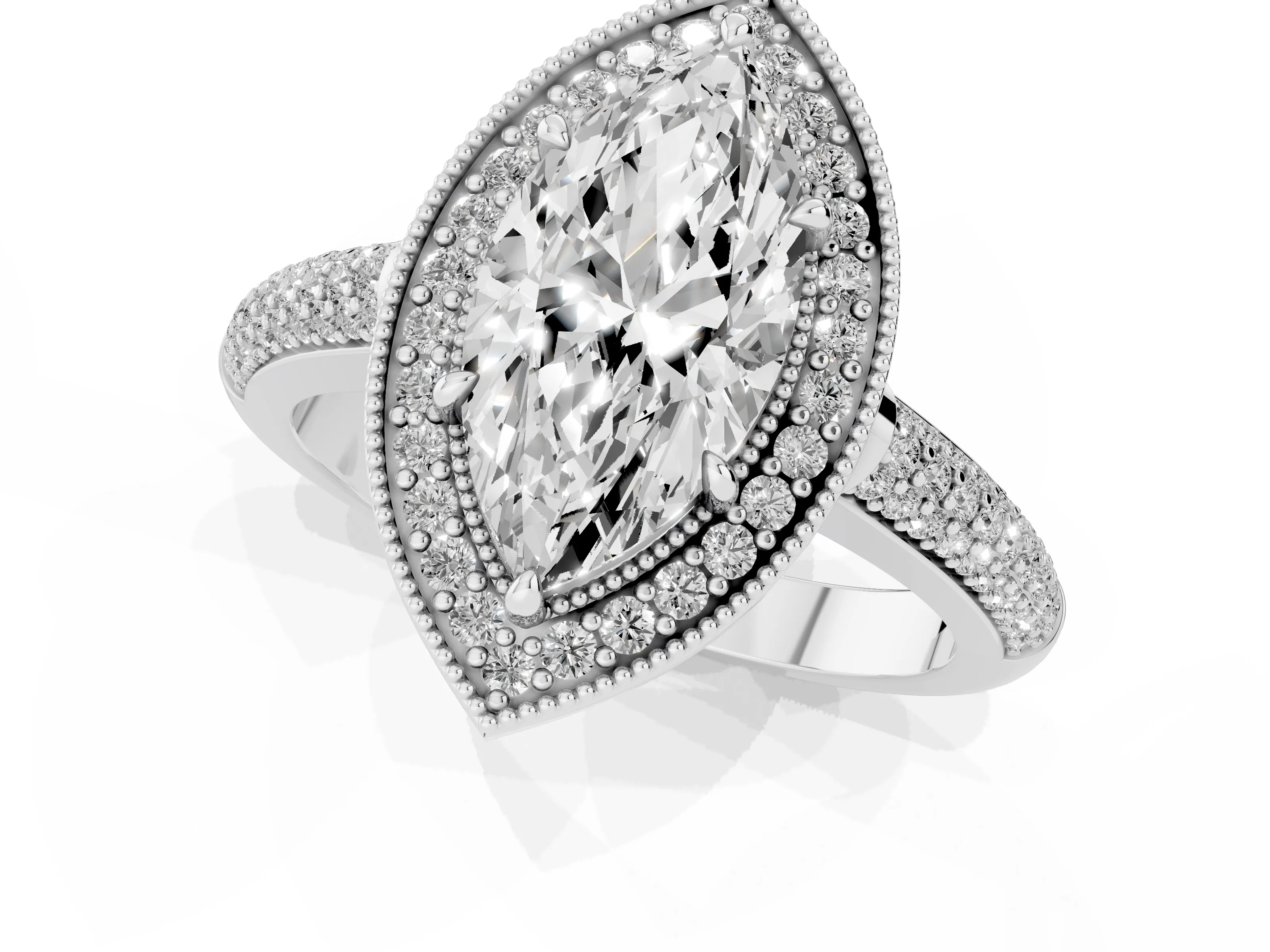 Marquise Cut Diamond Halo Pavé Band Set in Silver with Prong Setting