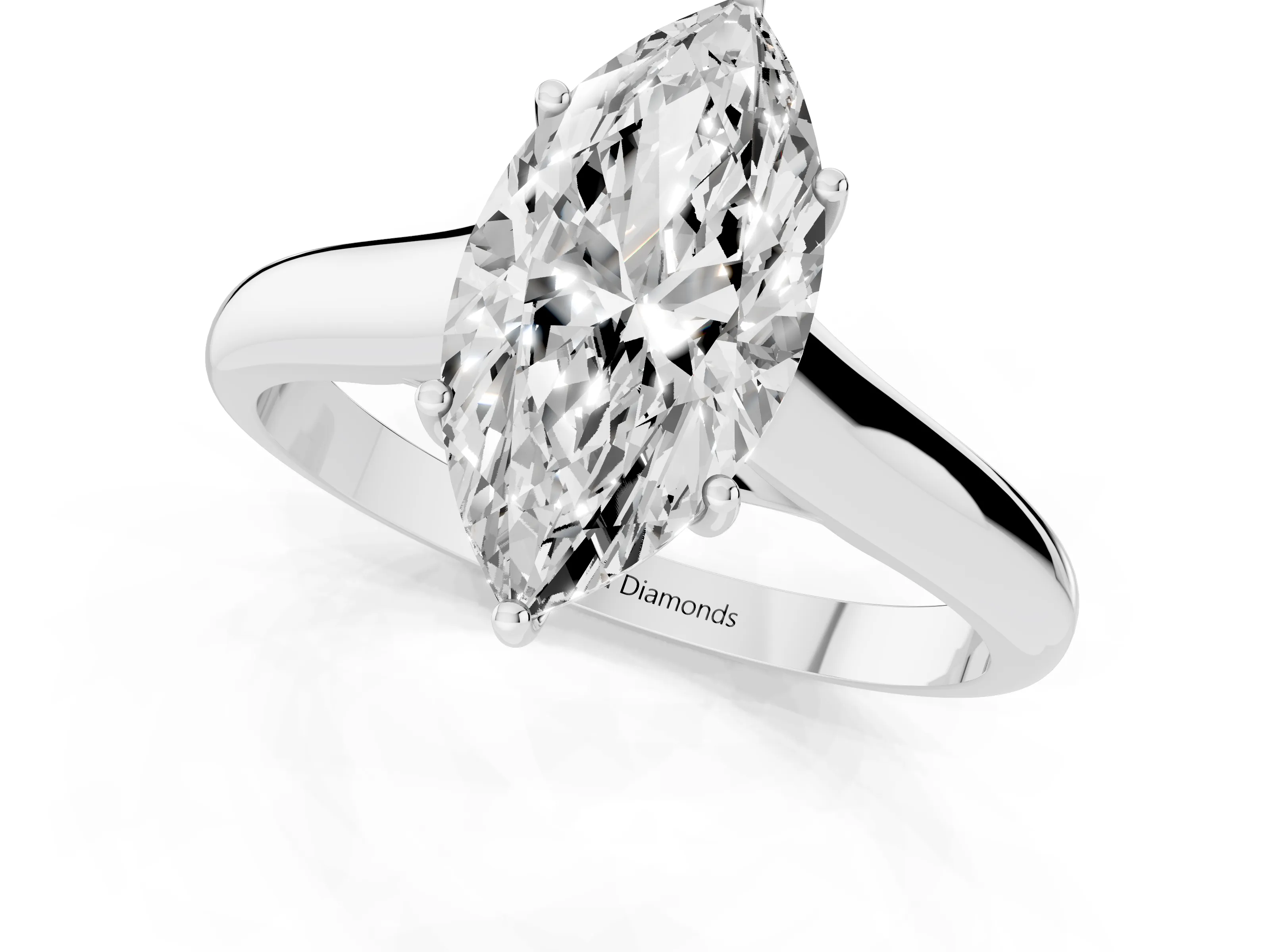 Marquise Cut Diamond Solitaire Engagement Ring Set in White gold with Subtly Tapered Band and Prong Setting