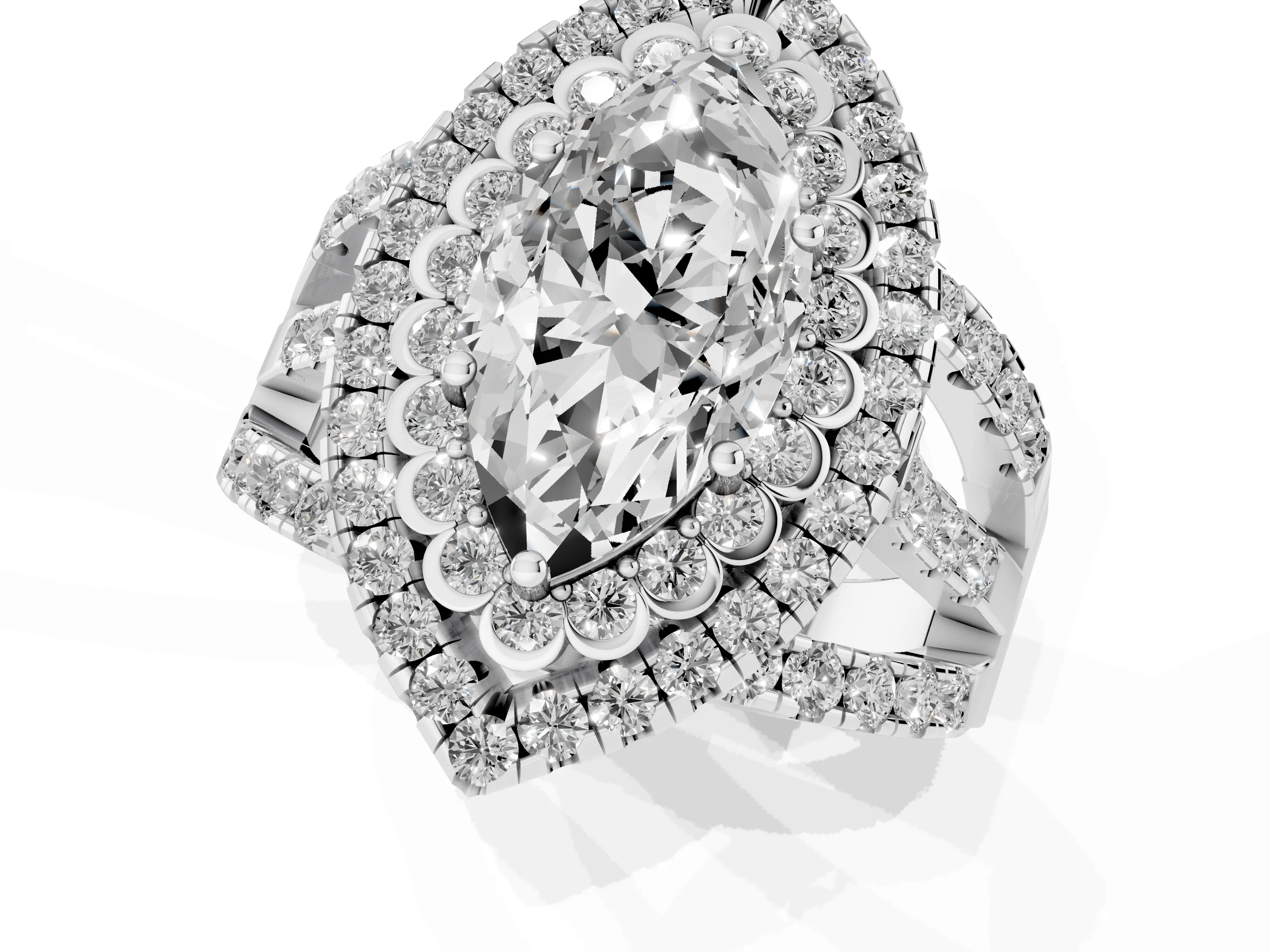 Marquise Cut Diamond Double Halo Ring Set in White gold with Round Pavé Split Shank