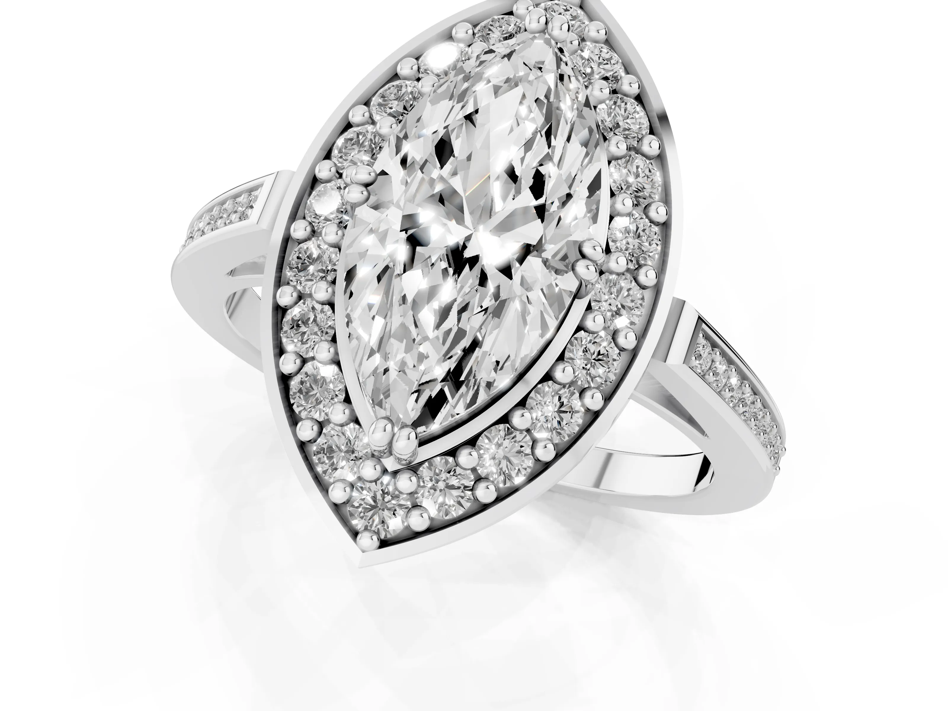 Marquise Cut Diamond Halo Ring Set in Silver with Accent-Lined Split Shank and Prong Setting