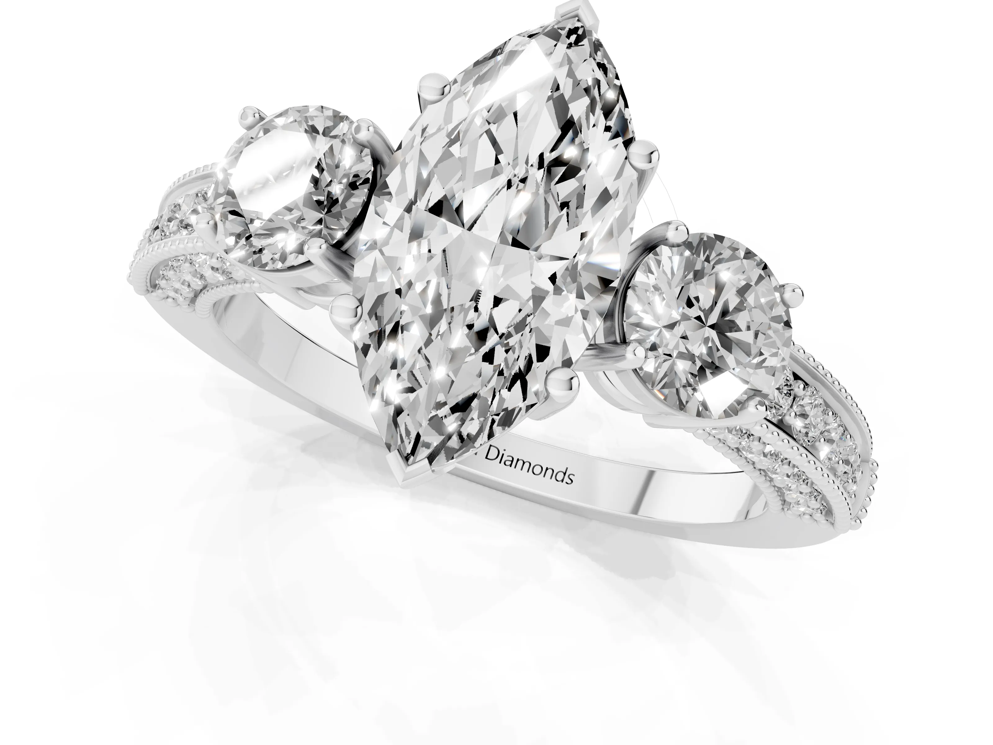 Marquise Cut Diamond Three-Stone Ring Set in Platinum with Round Side Stones and Pavé Band