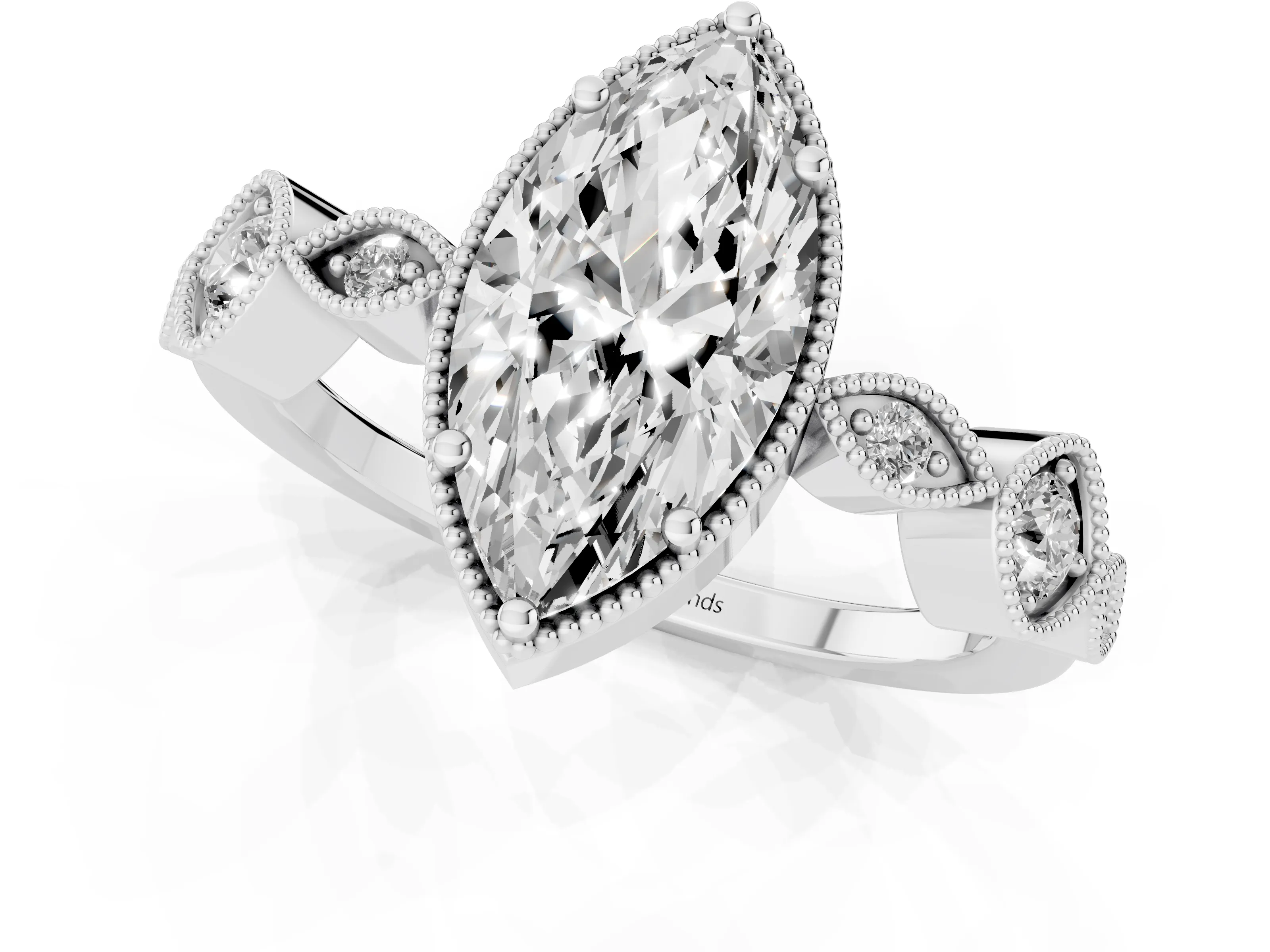 Marquise Cut Diamond Vintage-Inspired Milgrain Ring Set in White gold with Marquise Stations of Round Accents