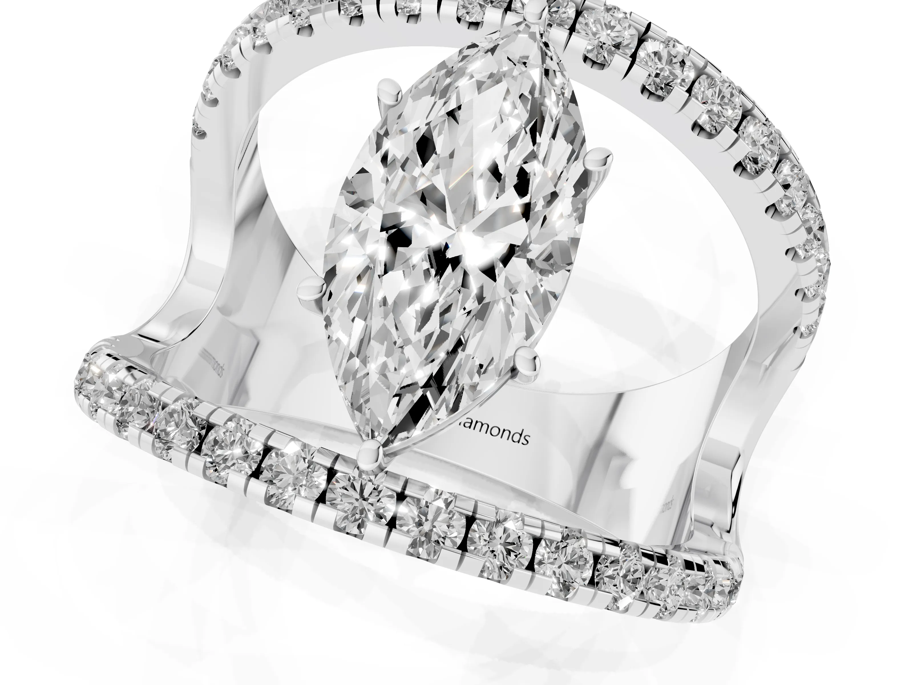 Marquise Cut Diamond Split Shank Pavé Solitaire Ring Set in Silver with Open Shank Design