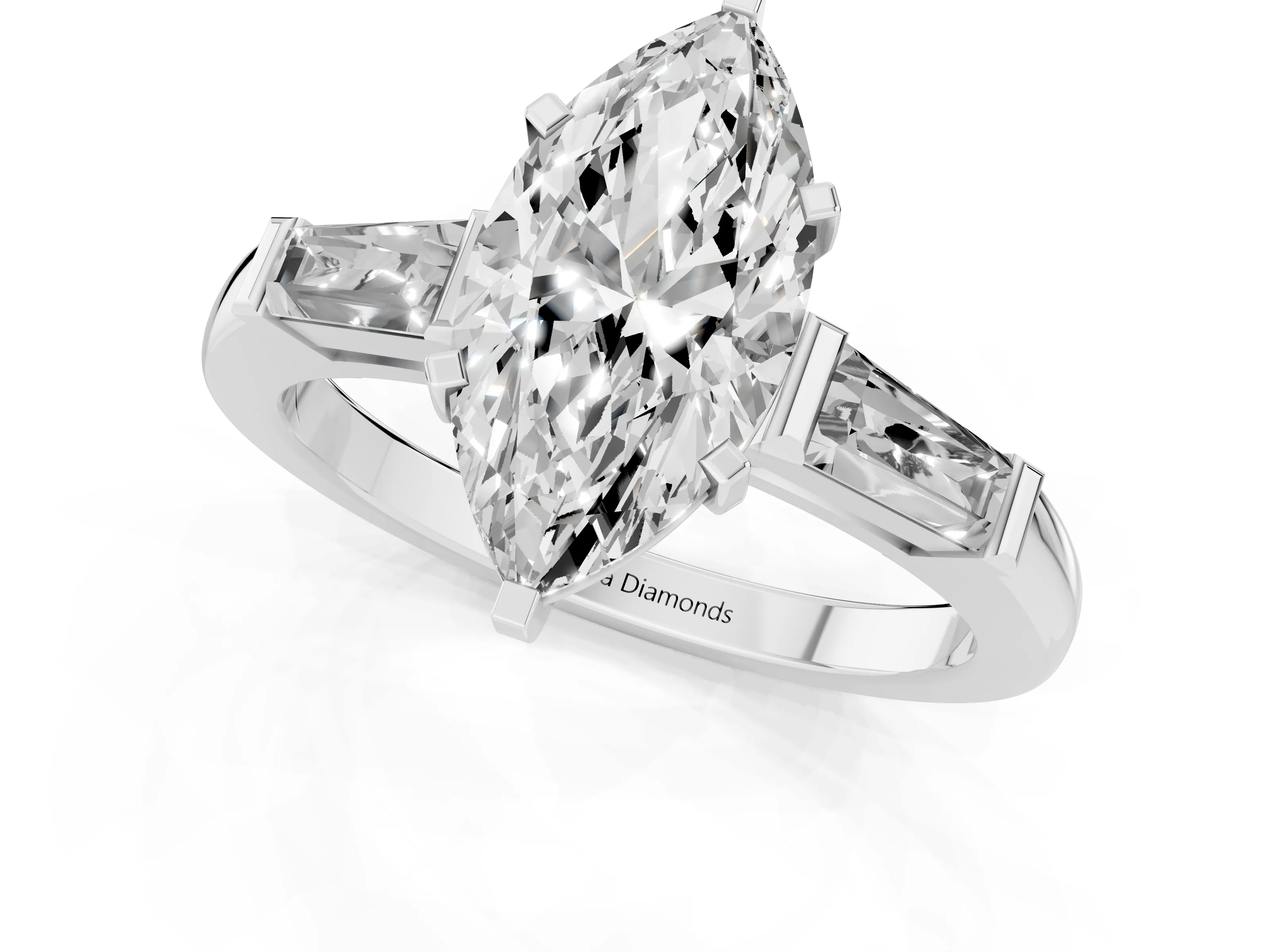 Marquise Cut Diamond Solitaire Ring Set in White gold with Tapered Baguette Side Stones and Prong Setting