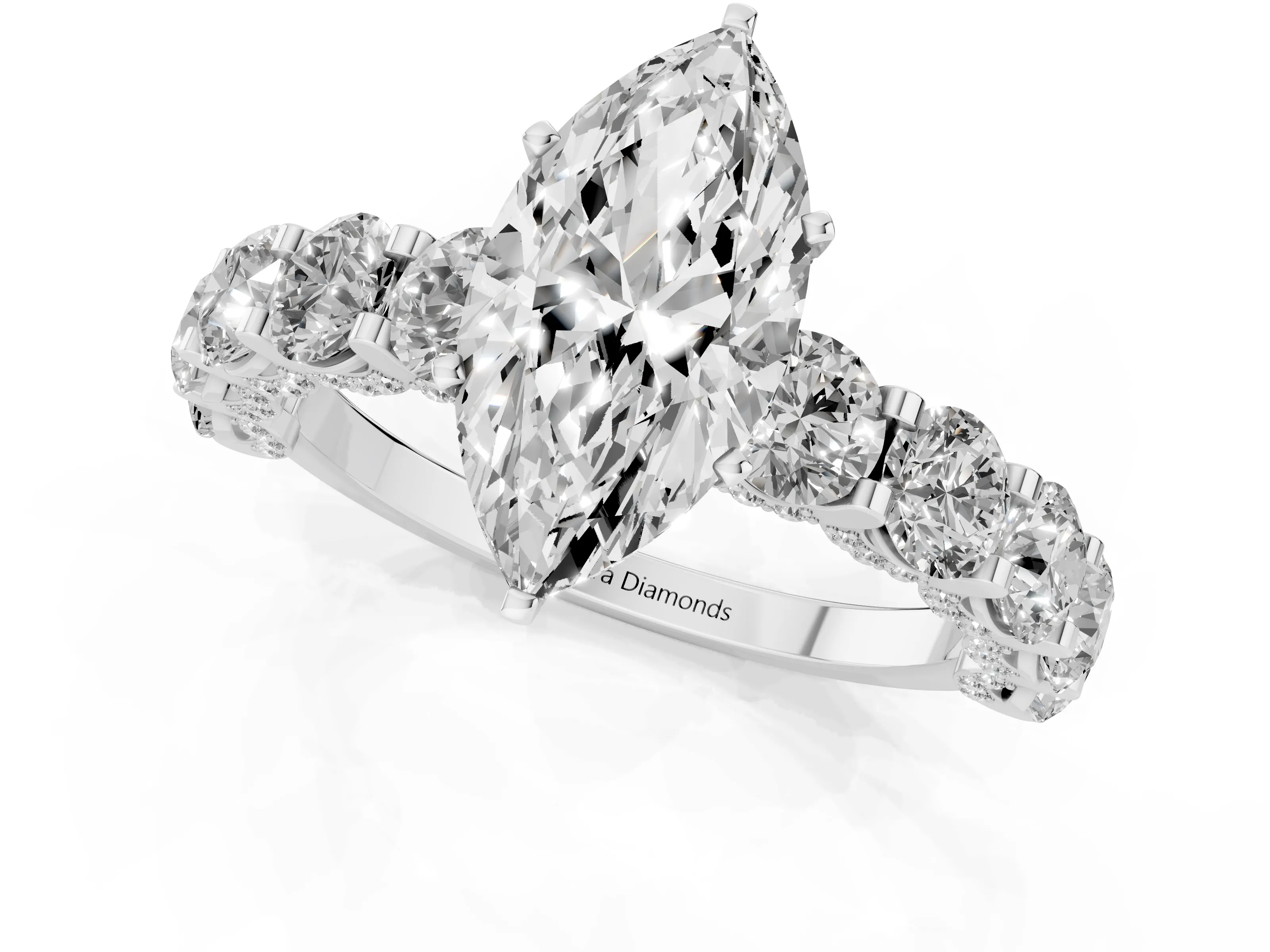 Marquise Cut Diamond Side Stone Ring Set in Silver with Alternating Round and Oval Side Stones