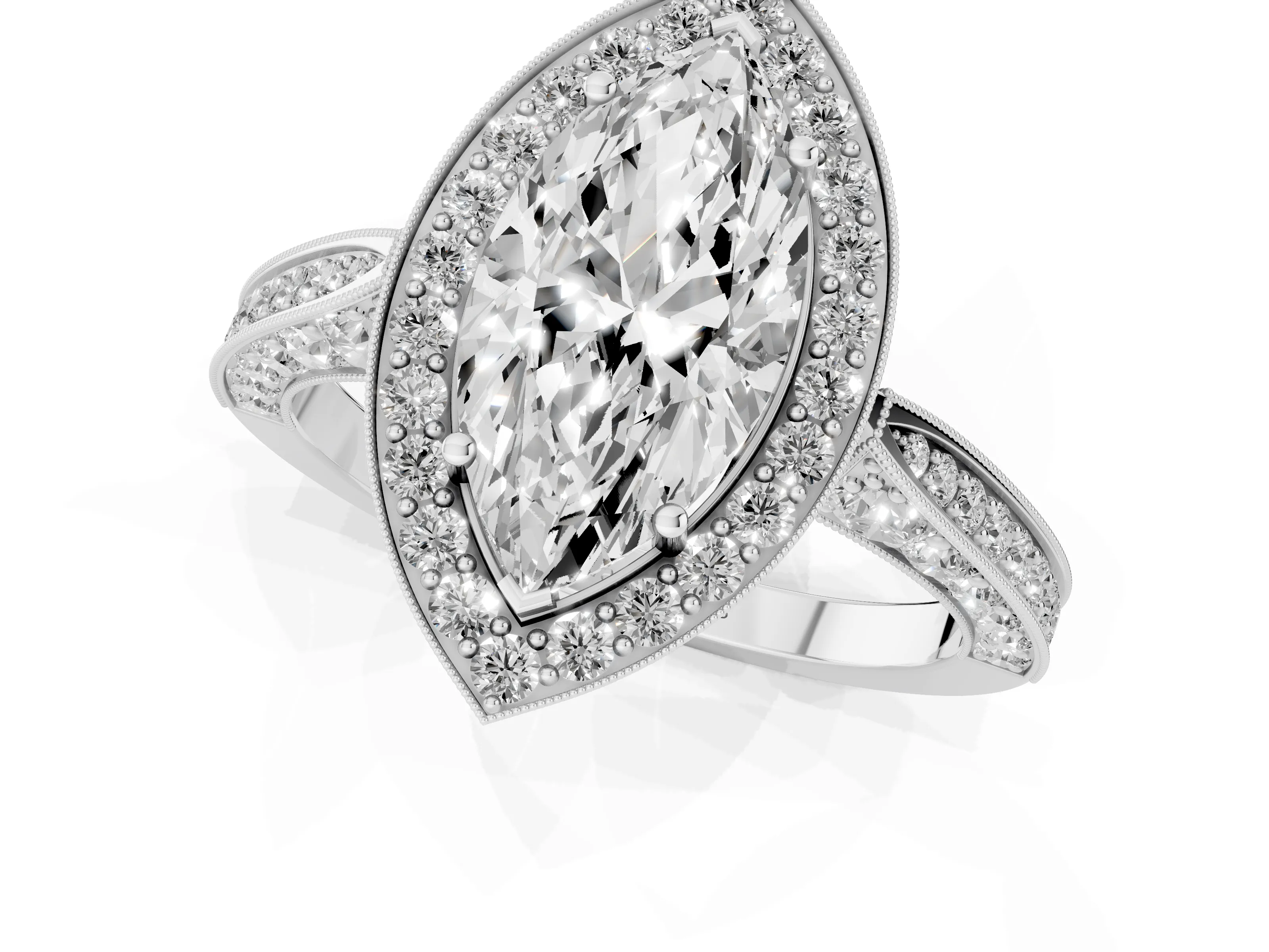 Marquise Cut Diamond Halo Engagement Ring Set in Platinum with Accent Split Shank Band