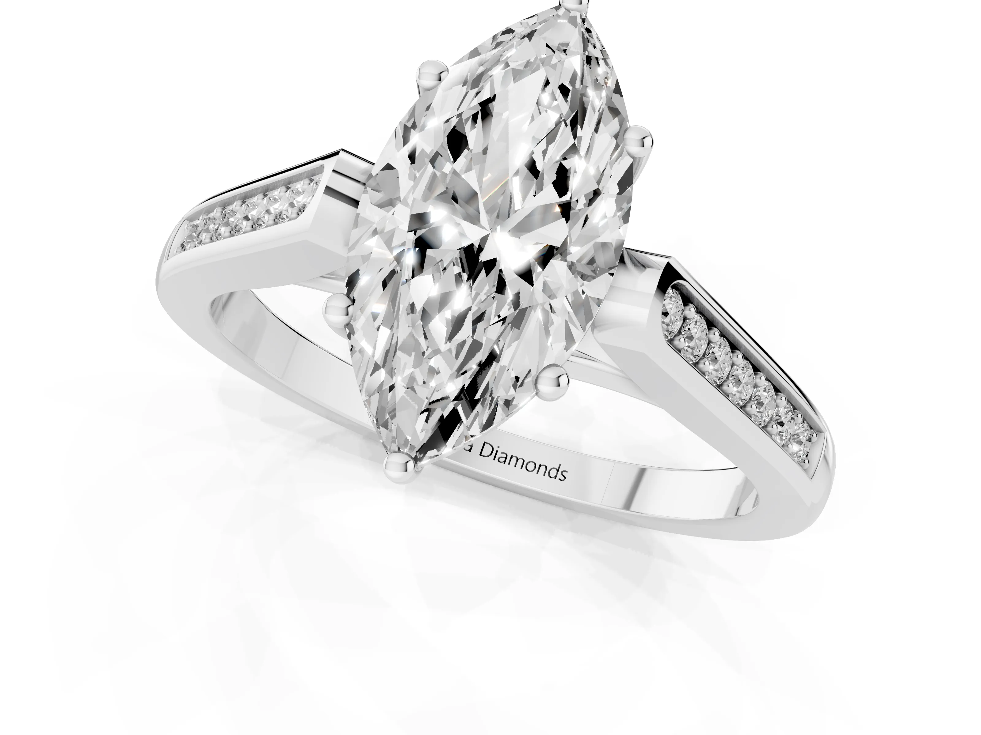 Marquise Cut Diamond Solitaire Cathedral Engagement Ring Set in White gold with Channel-Set Band and Prong Setting