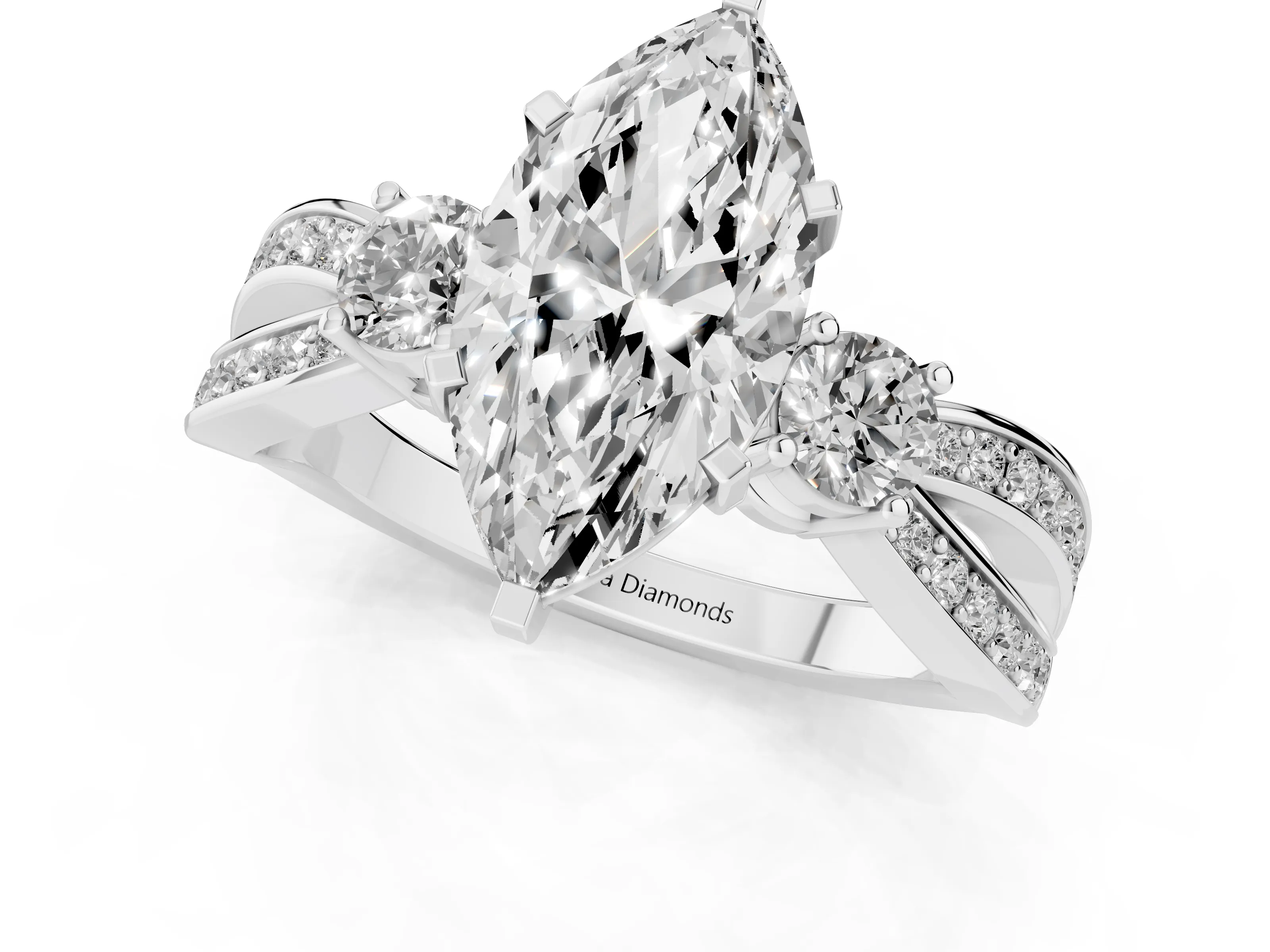Three-Stone Marquise Cut Diamond Twist Band Ring Set in White gold with Pavé Accents and Prong Setting