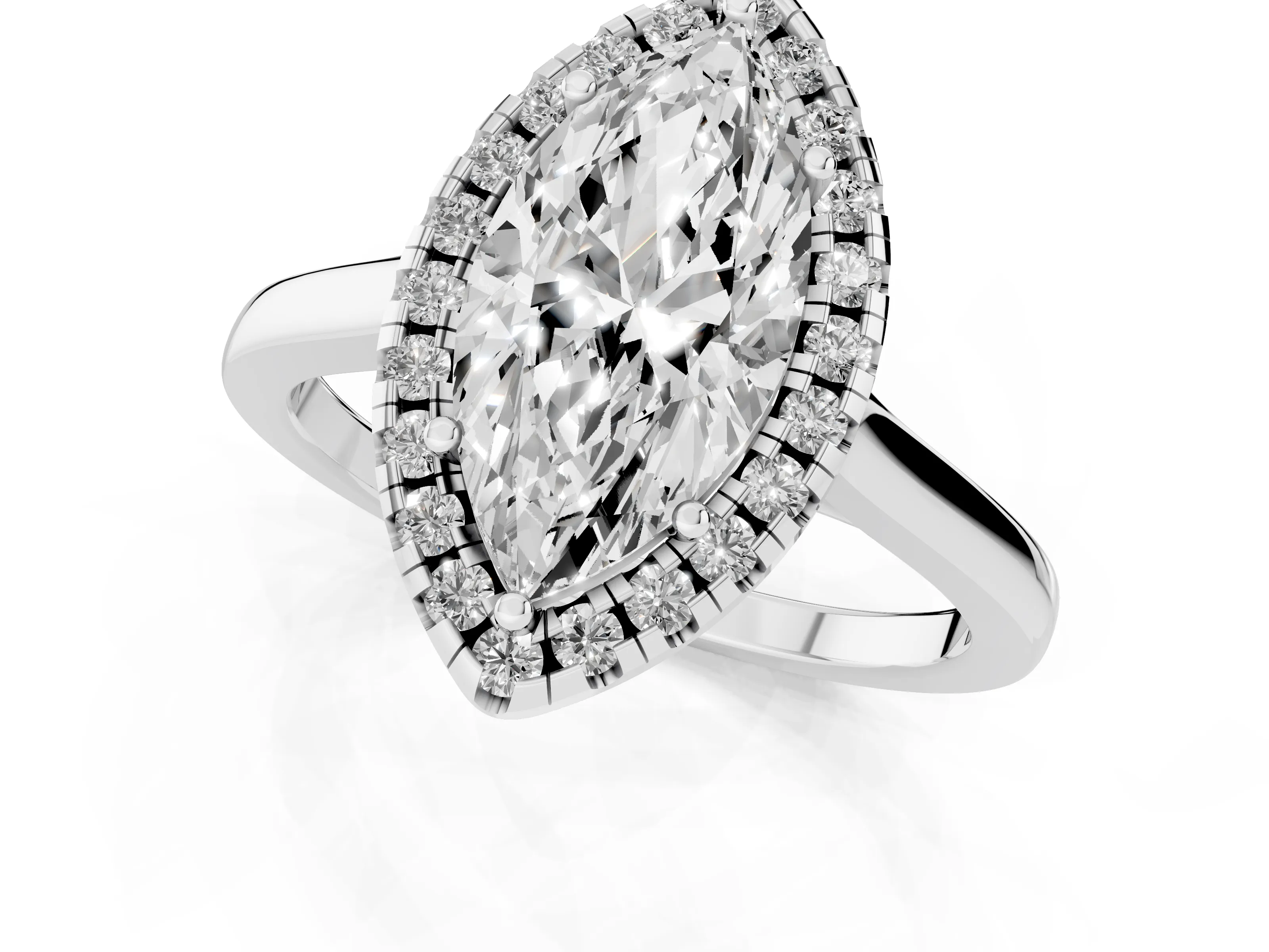Marquise Cut Halo Round Diamond Solitaire Ring Set in White gold with Pavé Band and Prong Setting