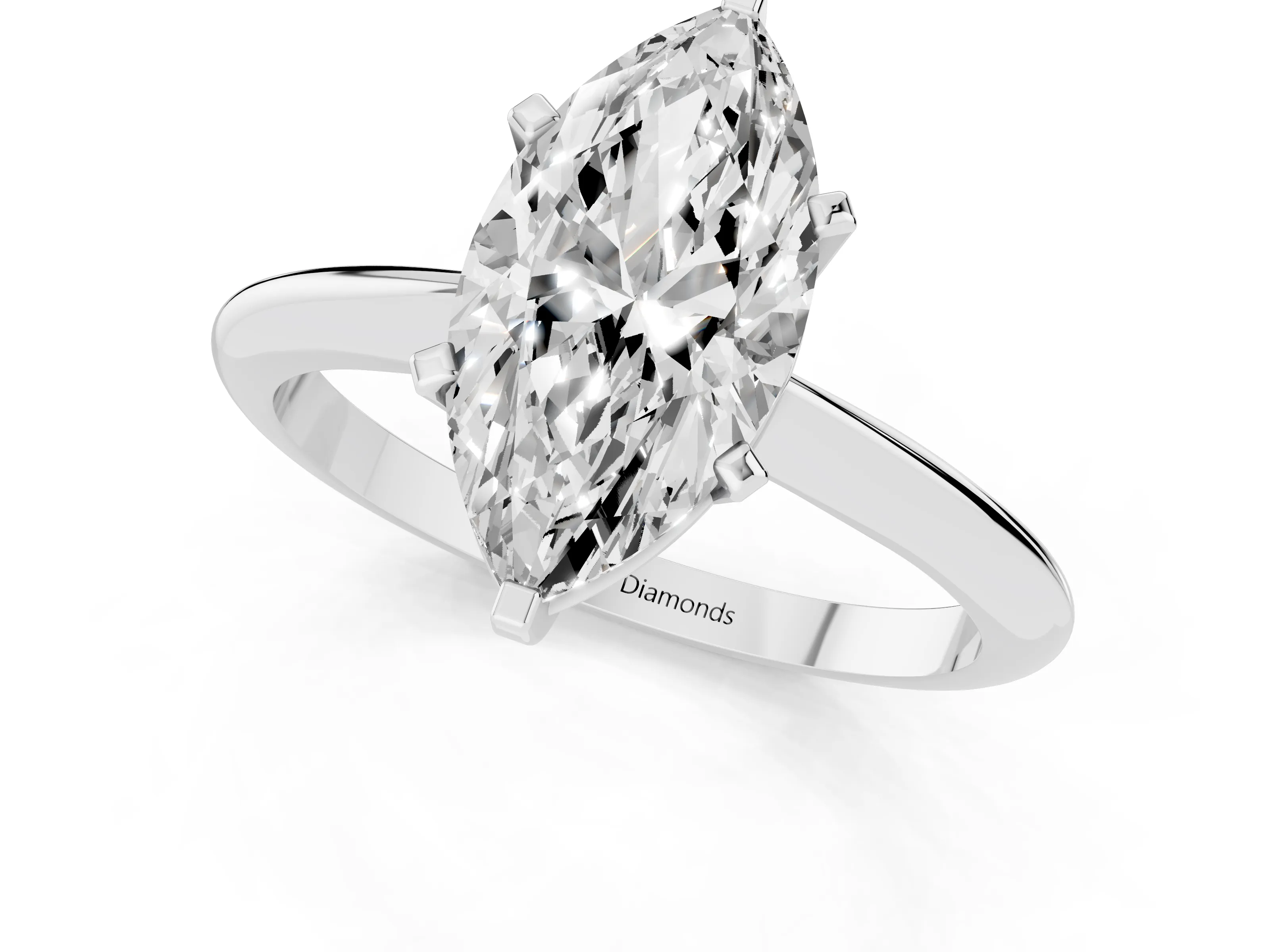 Marquise Cut Diamond Solitaire Ring Set in Platinum with Prong Setting on a Plain Round Band