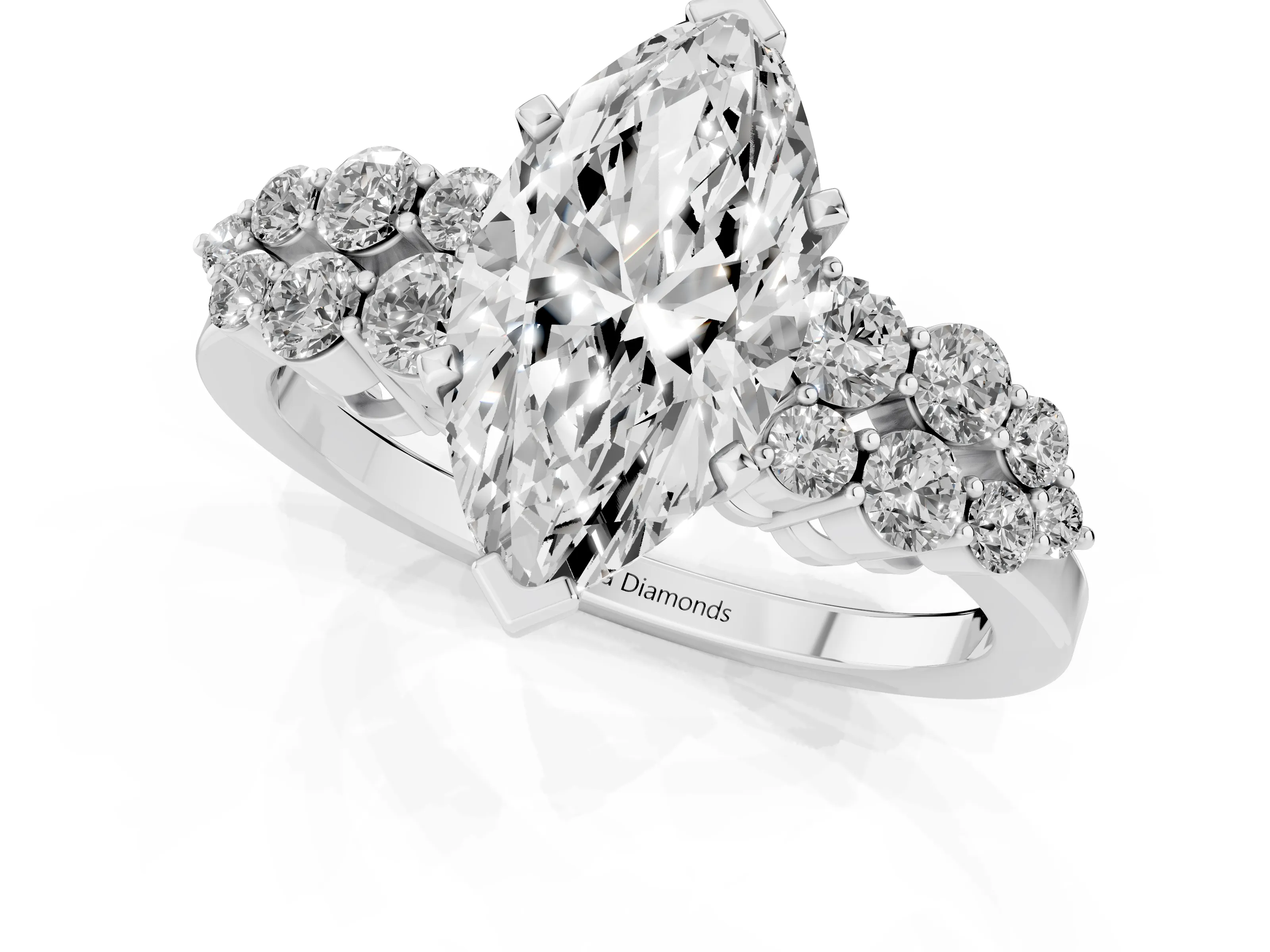 Marquise Cut Diamond Cluster Engagement Ring Set in Silver with Pavé Band and Prong Setting