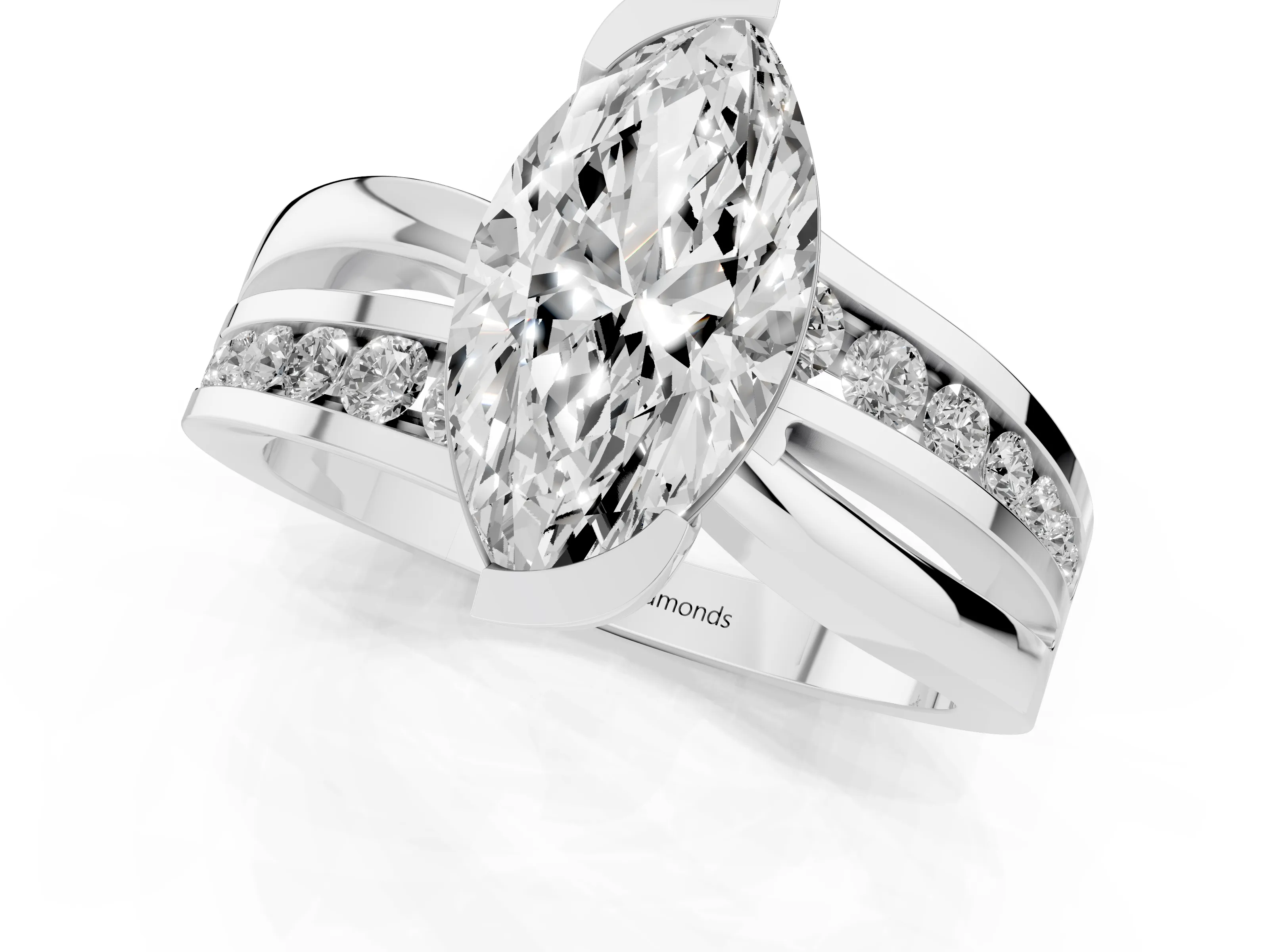 Marquise Cut Diamond Solitaire Ring Set in Platinum with Channel Set Split Shank and Tension Prongs