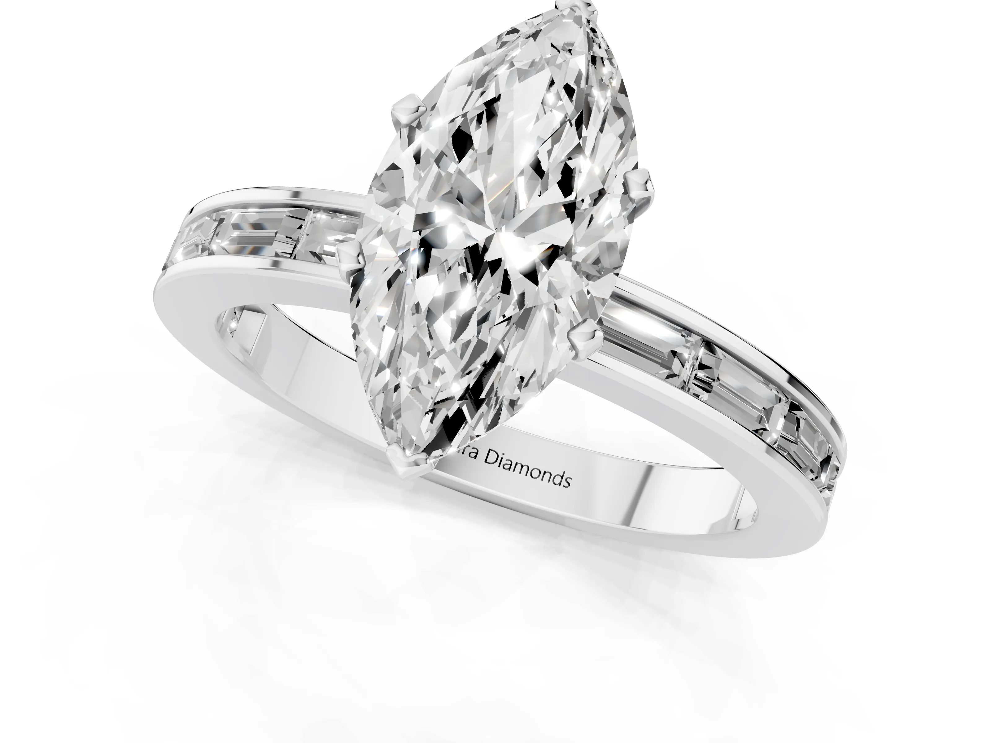 Marquise Cut Diamond Solitaire Ring Set in White gold with Channel-Set Baguette Band and Prong Setting