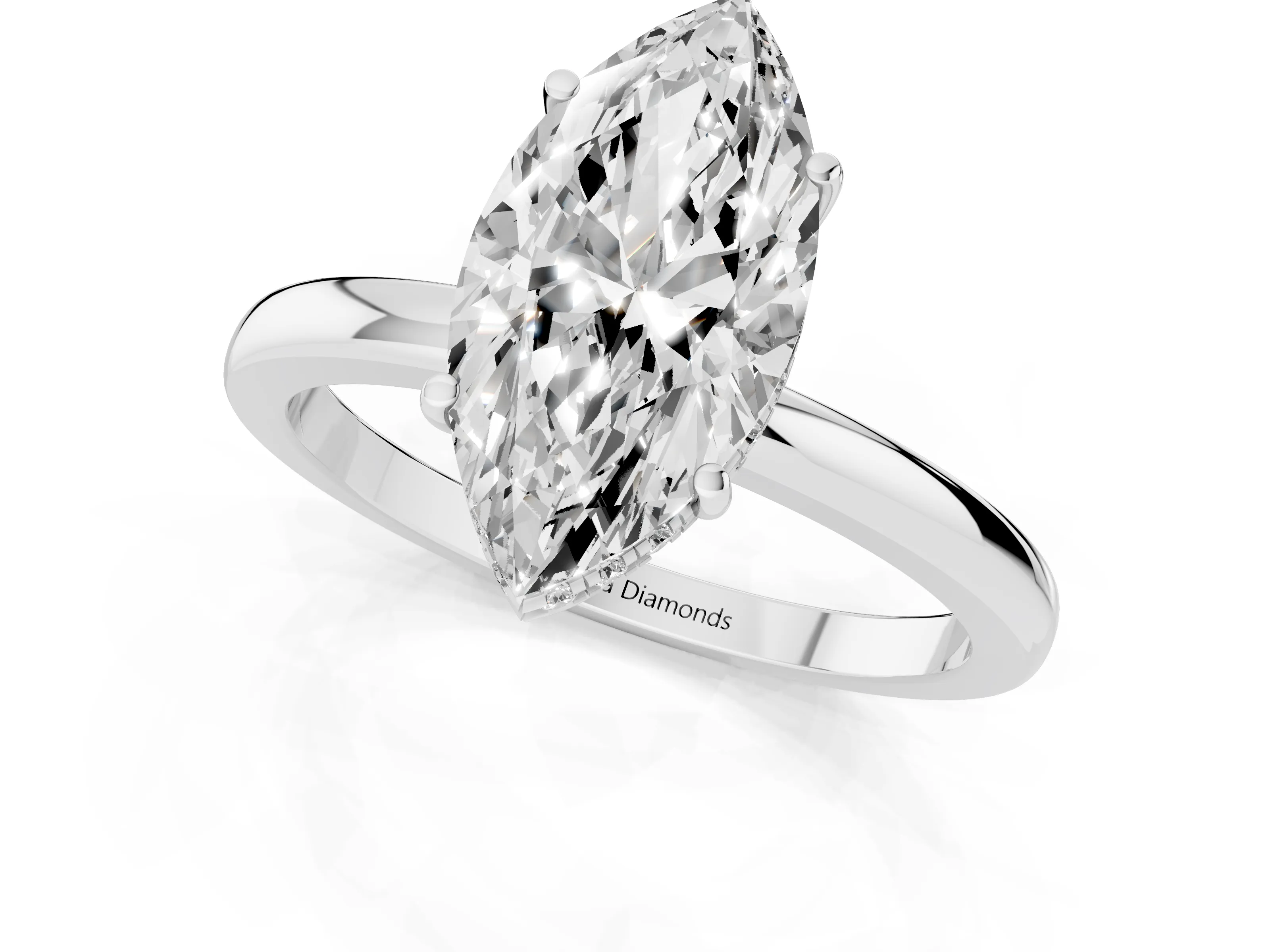 Marquise Cut Diamond Solitaire Ring Set in Silver with Plain Band and Prong Setting