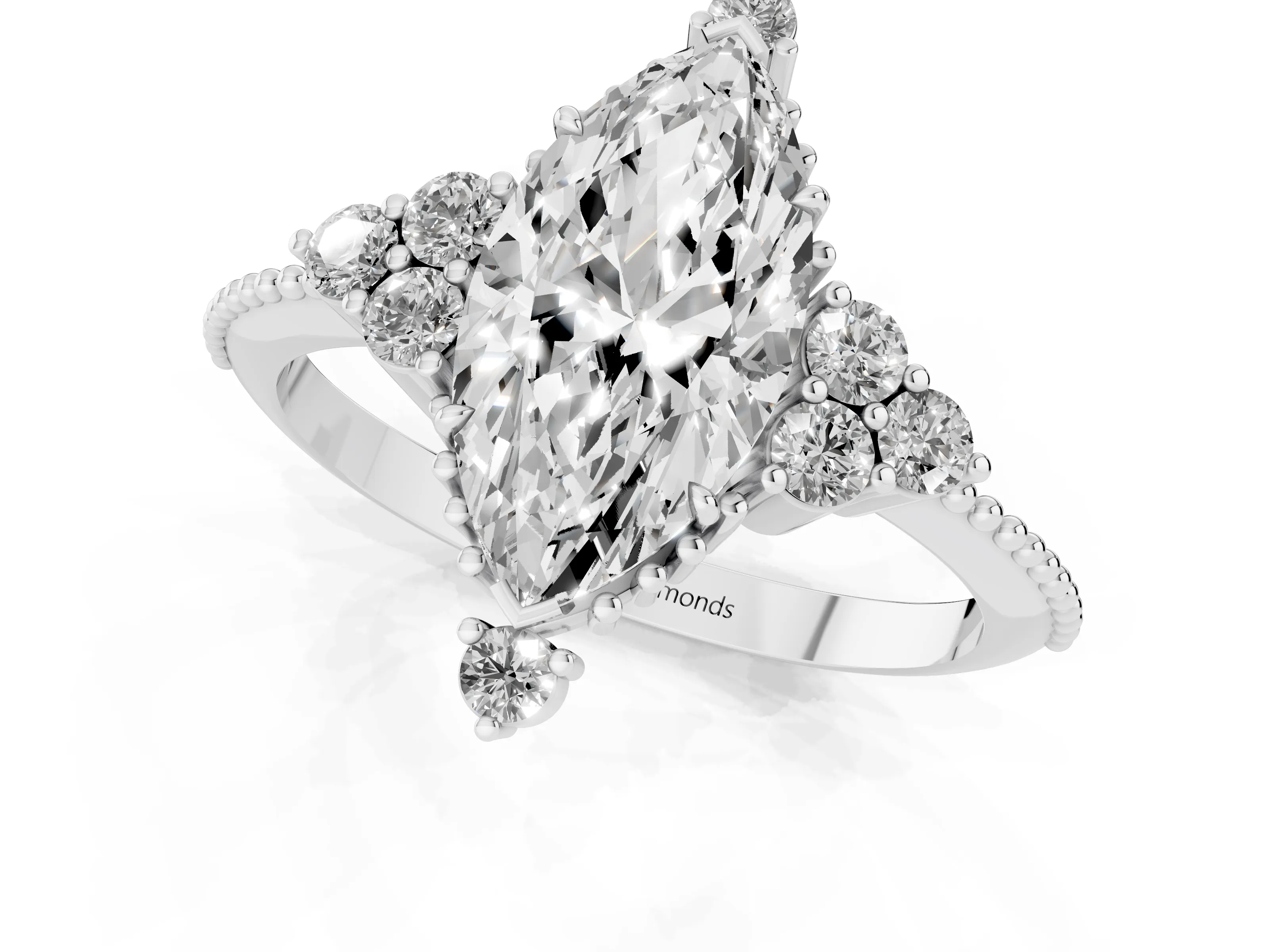 Marquise Cut Diamond Cluster Ring Set in Silver with Beaded Band