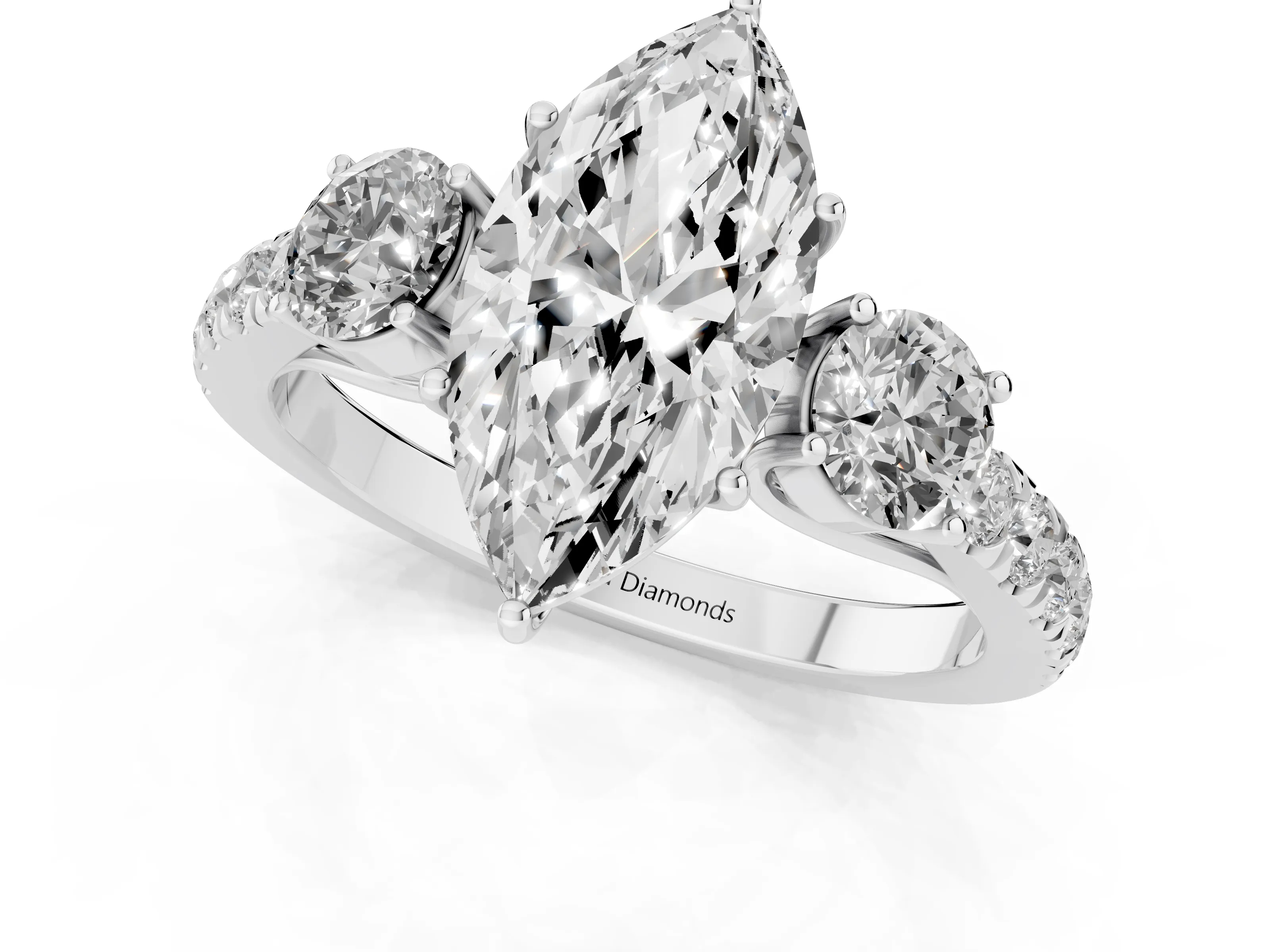 Marquise Cut Diamond Three-Stone Ring Set in Platinum with Round Side Stones and Delicate Pavé Band