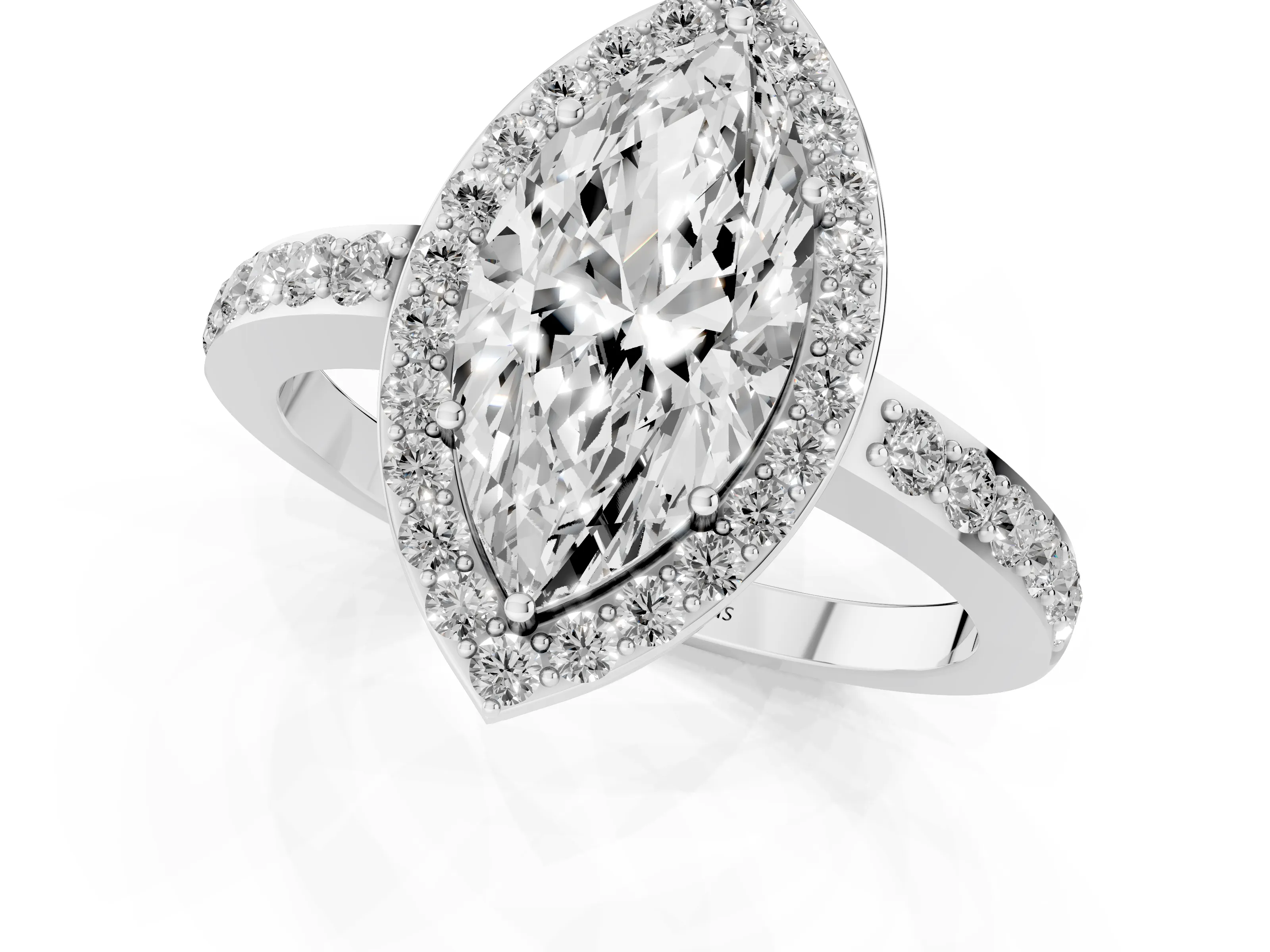Marquise Cut Diamond Halo Ring Set in Silver with Pavé-Setting Band and Open Prong Center