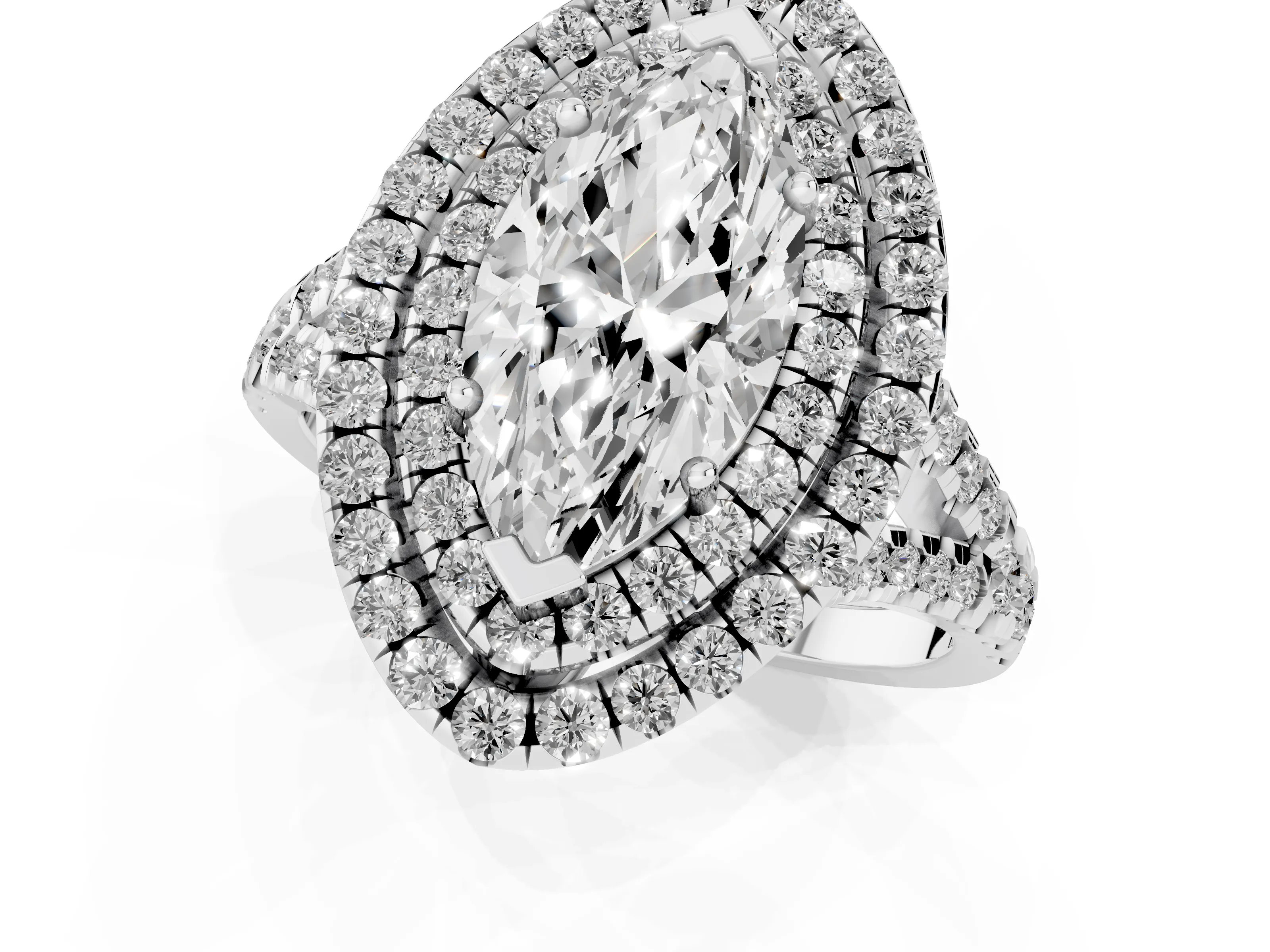 Marquise Cut Diamond Double Halo Ring Set in Silver with Pavé Split Shank and Prong Setting
