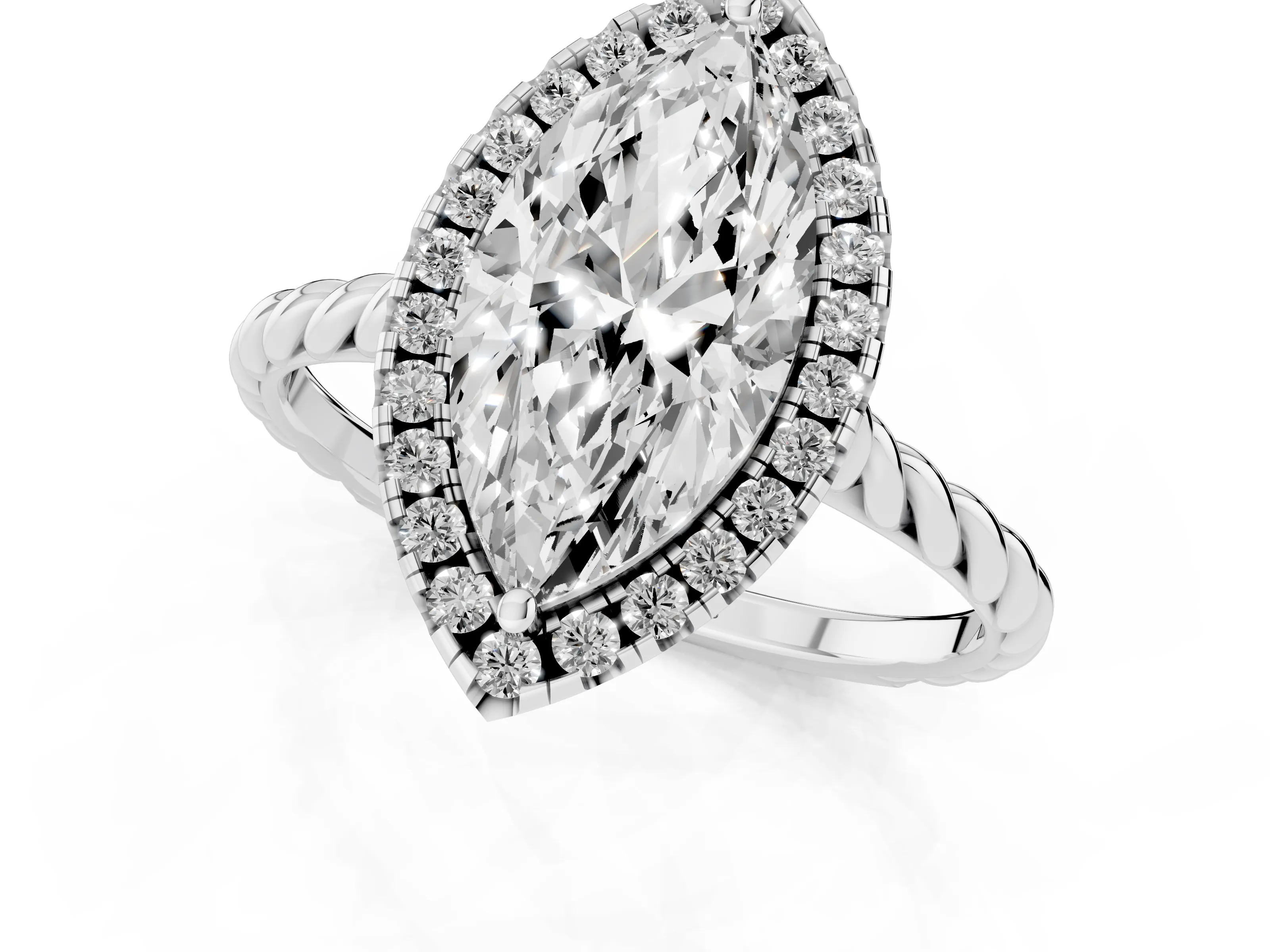 Marquise Cut Diamond Halo Ring Set in White gold with Plain Twisted Band