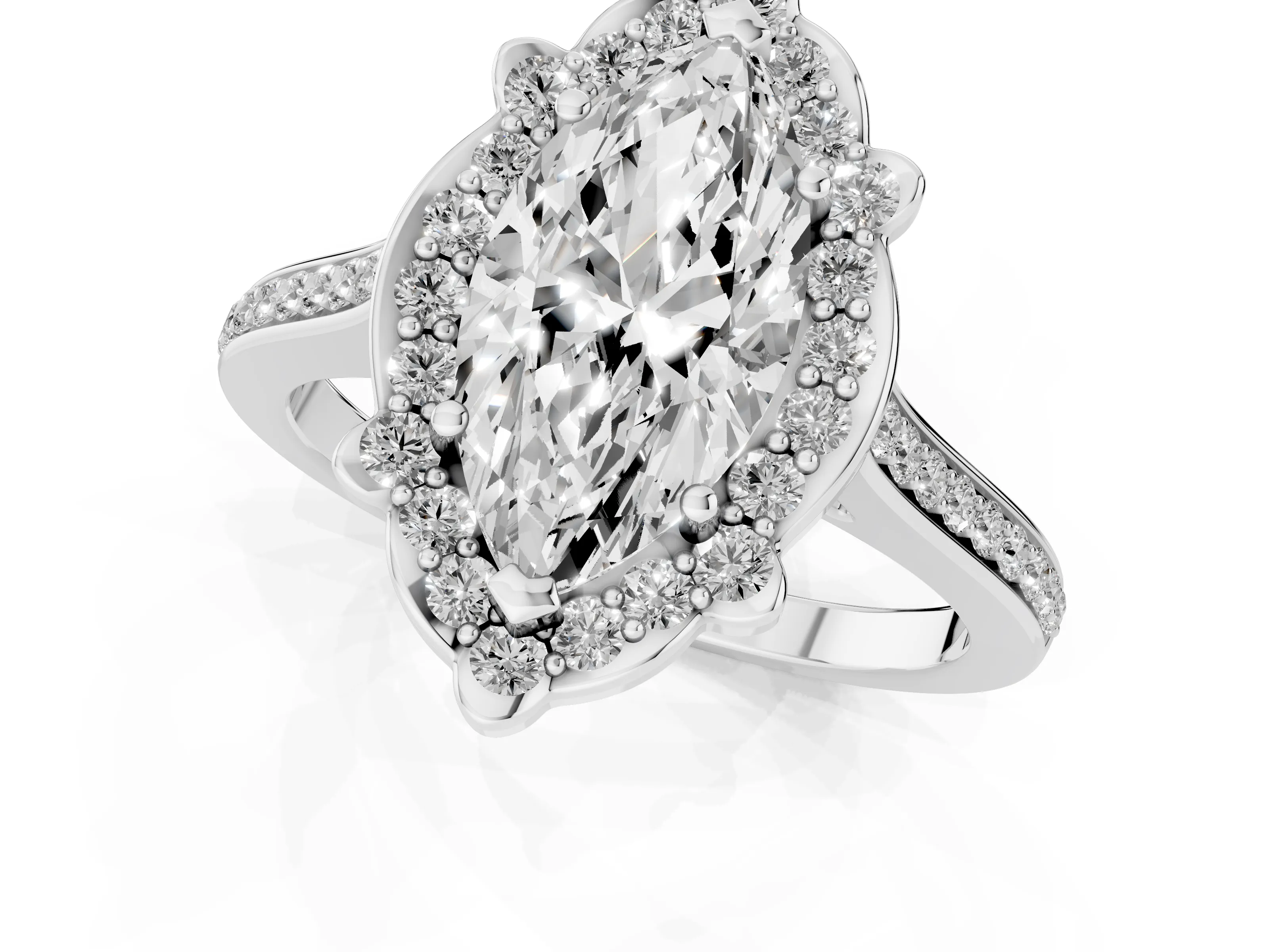 Marquise Cut Diamond Halo Ring Set in White gold with Pavé-Lined Shoulders and Prong Setting