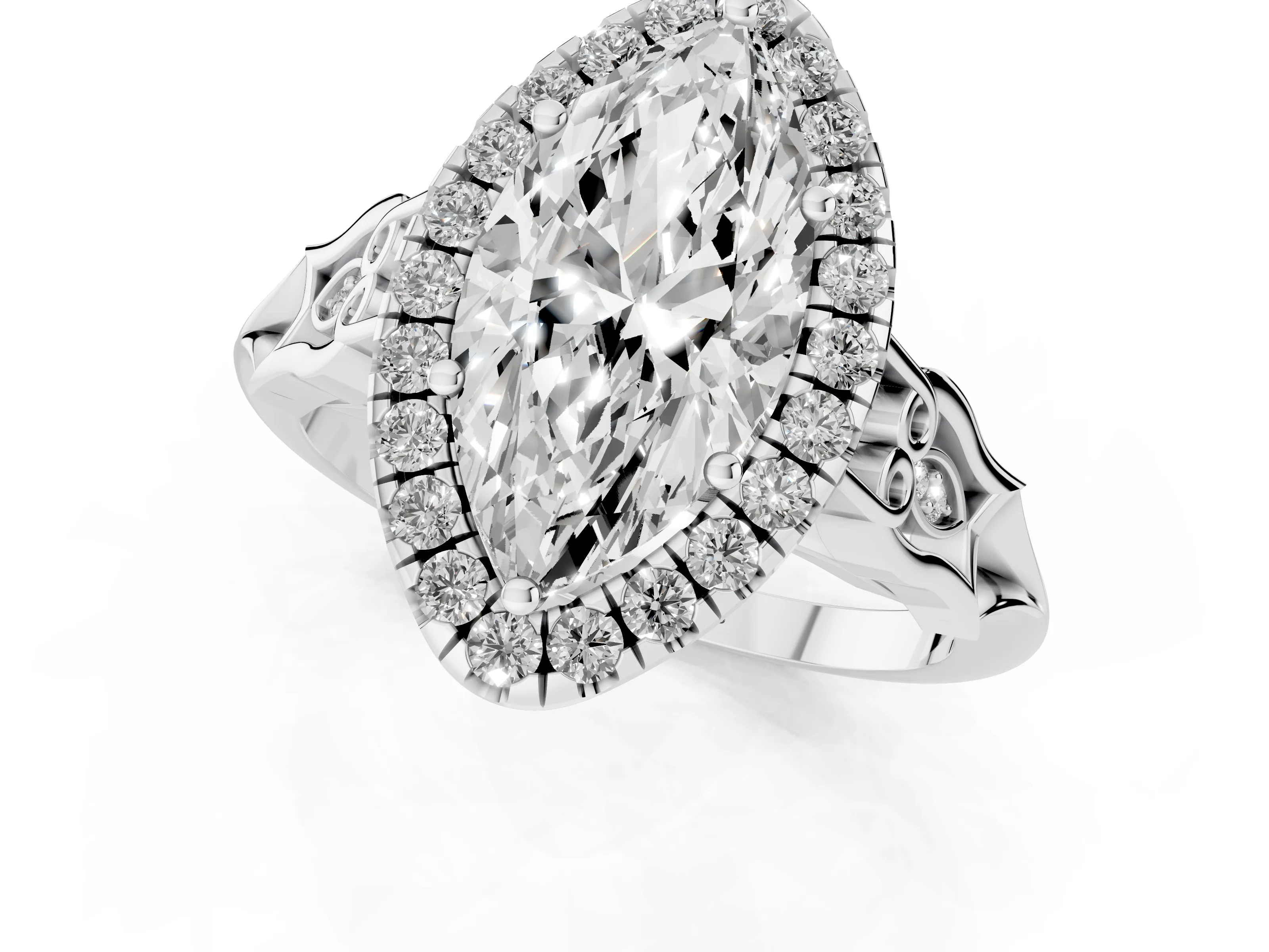 Marquise Cut Diamond Halo Engagement Ring Set in White gold with Filigree Band and Prong-Set Center