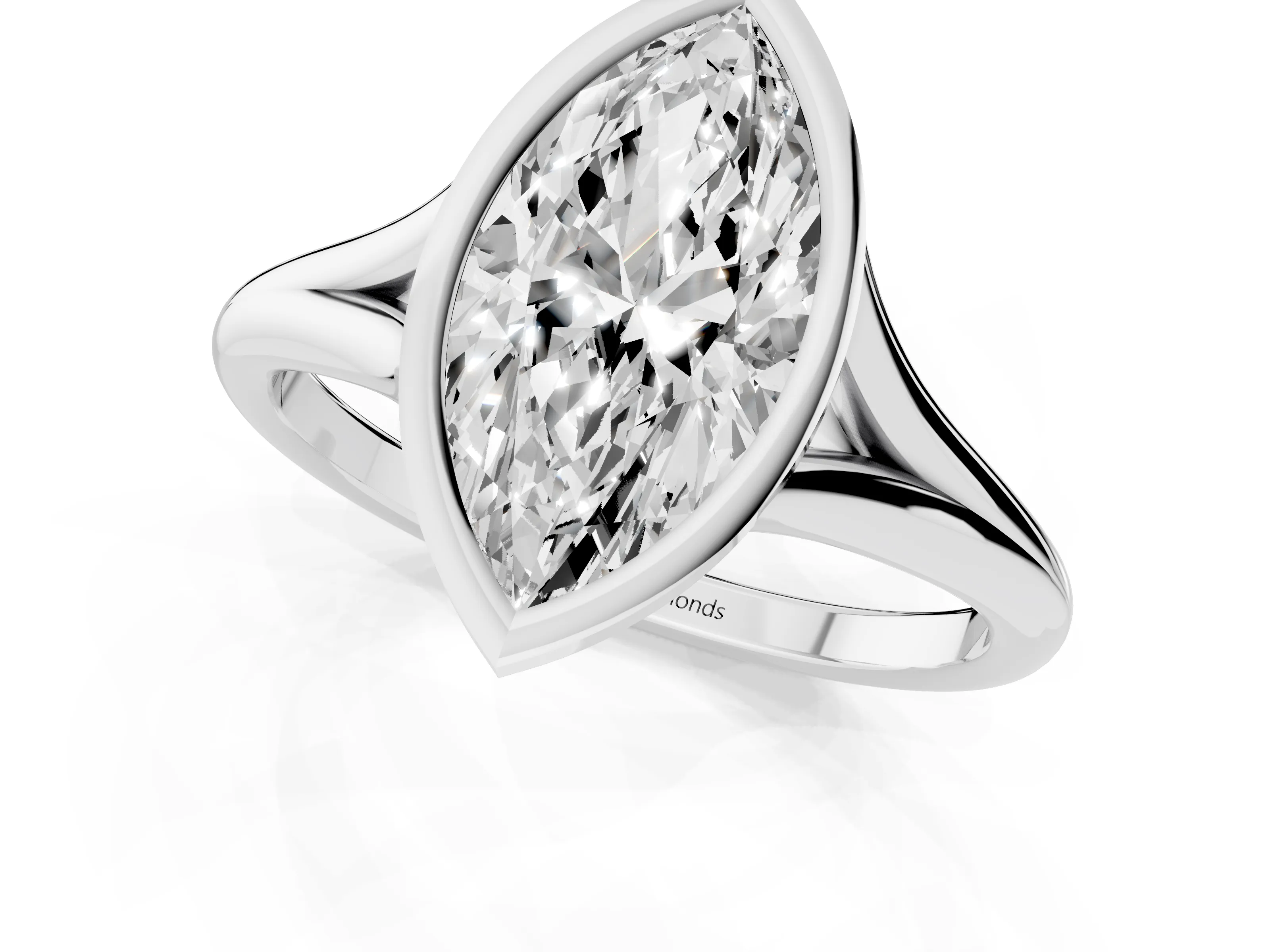 Bezel Set Marquise Cut Diamond Solitaire Ring Set in White gold with Tapered Band