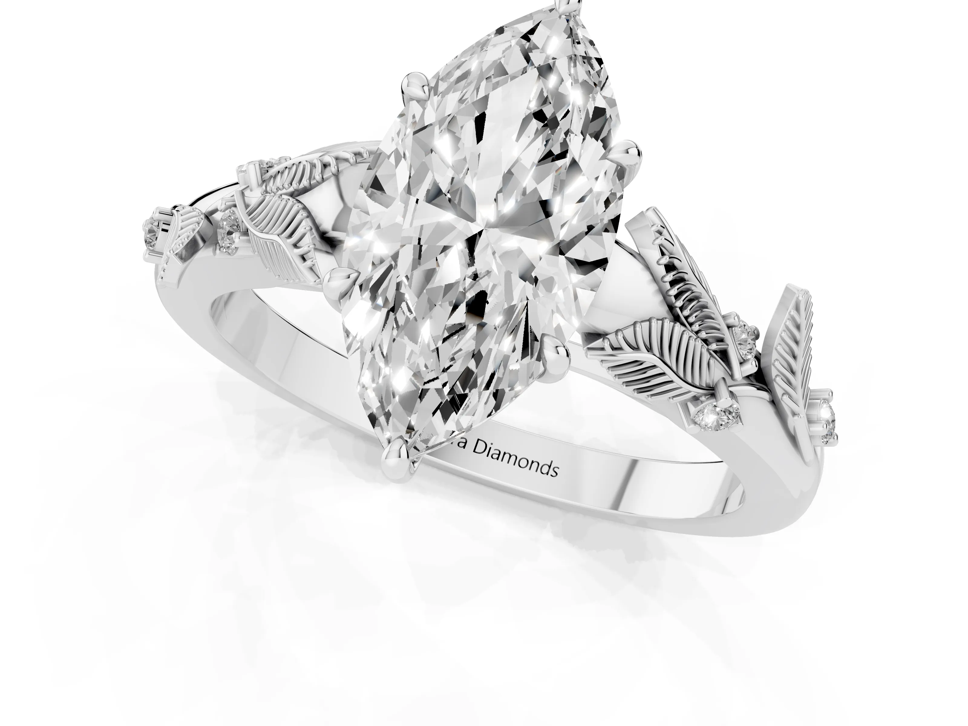Marquise Cut Diamond Solitaire Ring Set in Silver with Leaf Motif Band