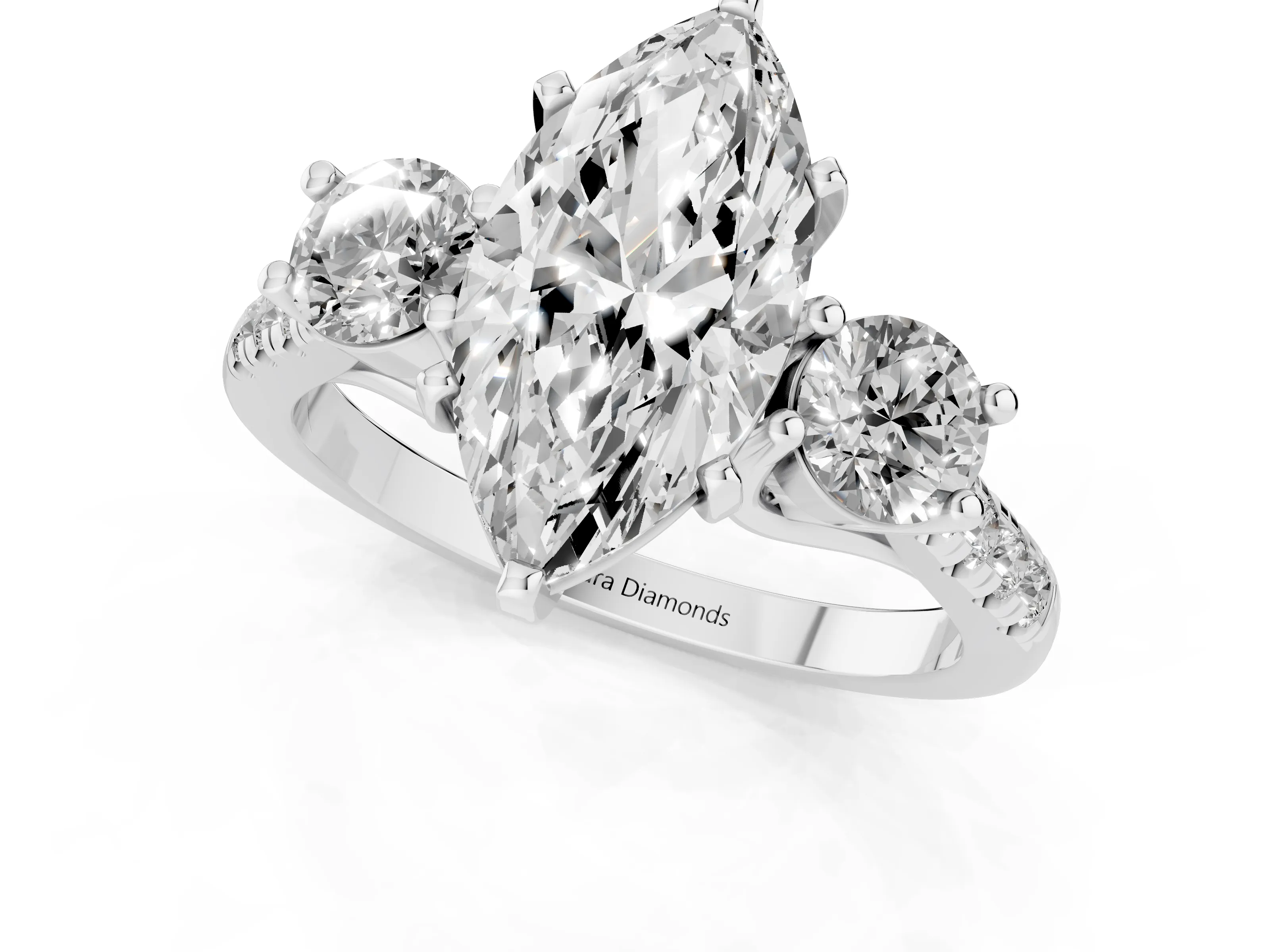 Three-Stone Marquise Cut Diamond Pavé Band Ring Set in White gold with Prong-Set Trio
