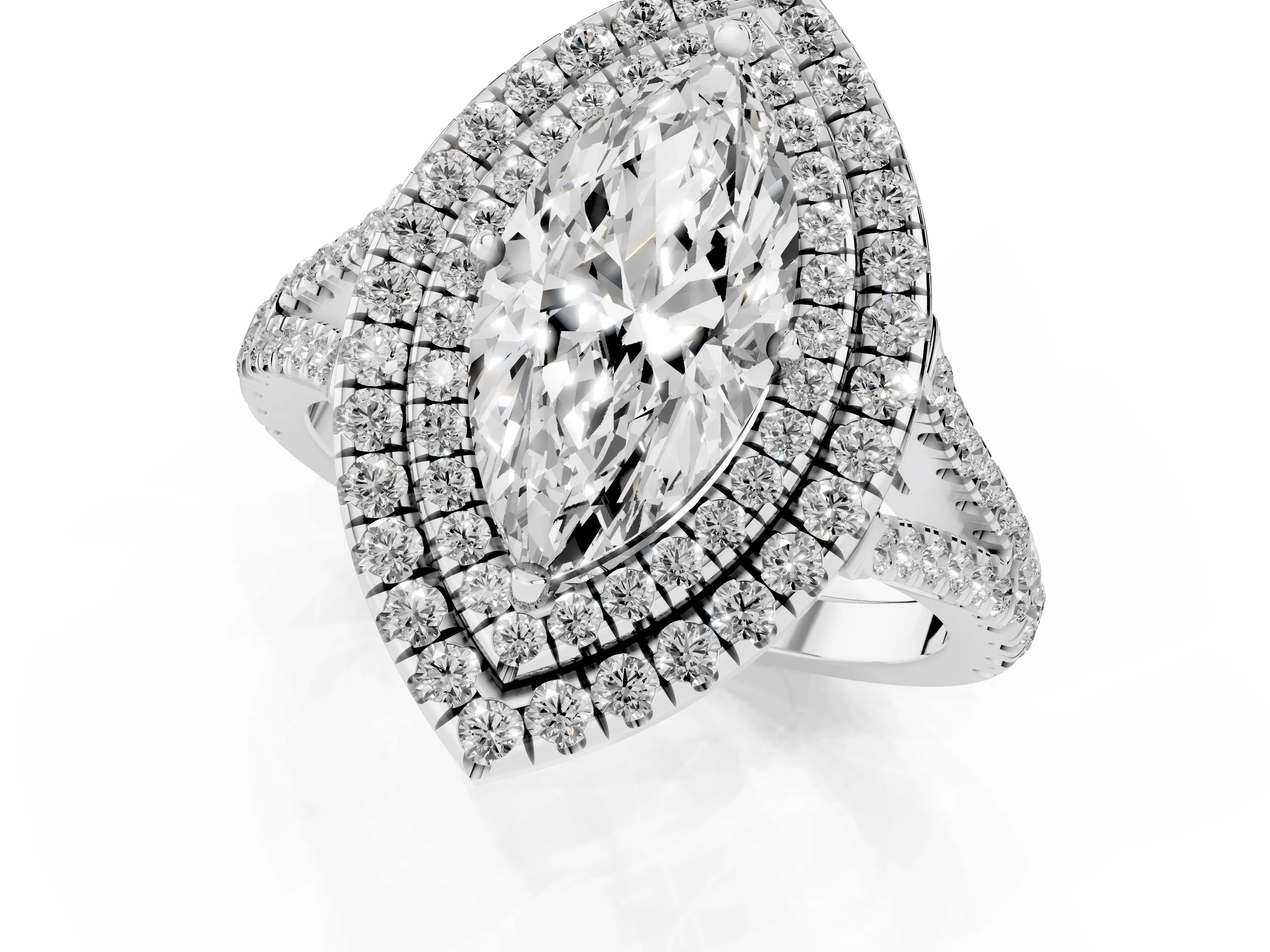 Marquise Cut Diamond Double Halo Ring Set in Platinum with Pavé Band