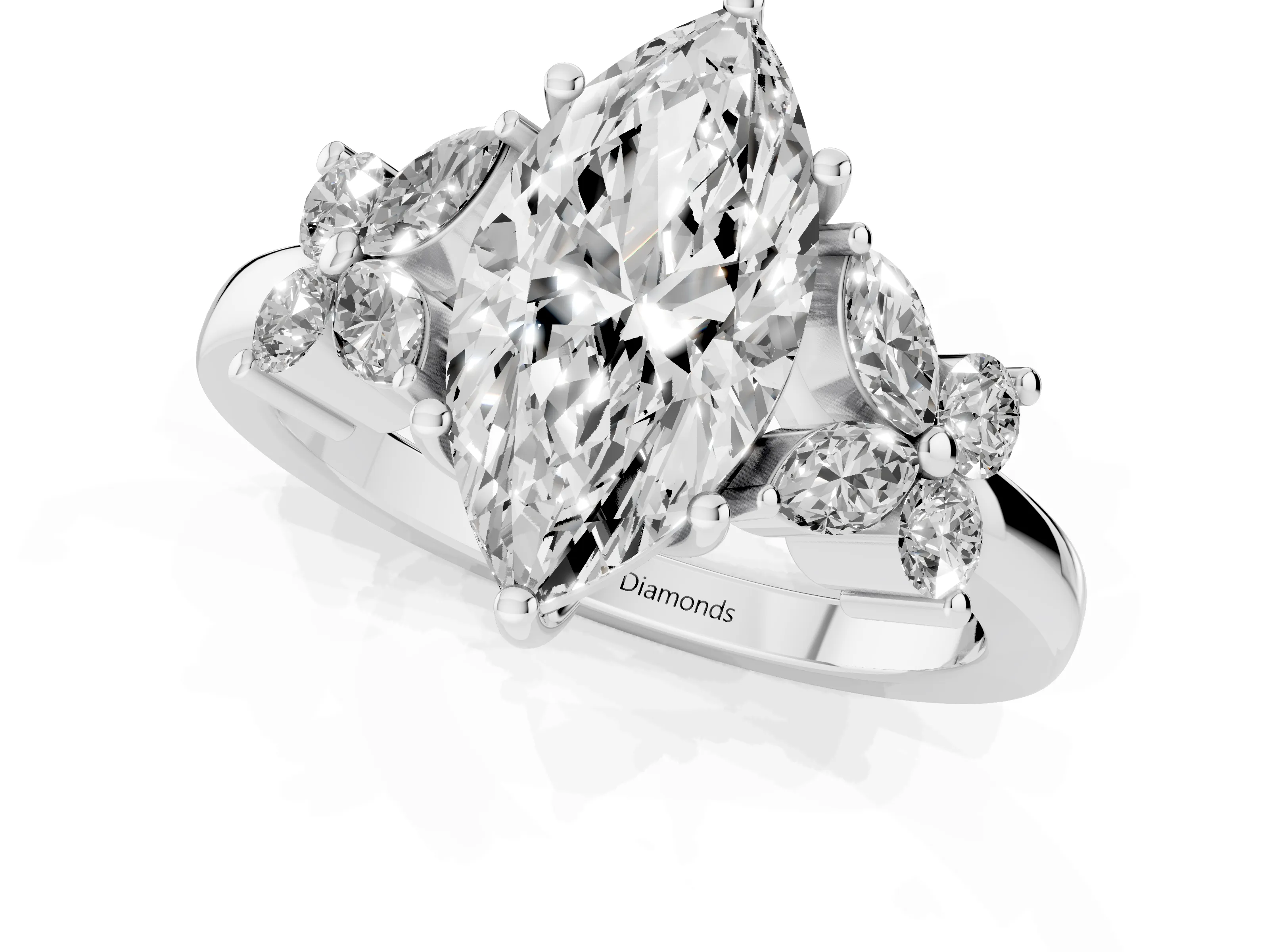 Marquise Cut Diamond Floral Cluster Ring Set in Silver with Marquise Petals and Prong Setting