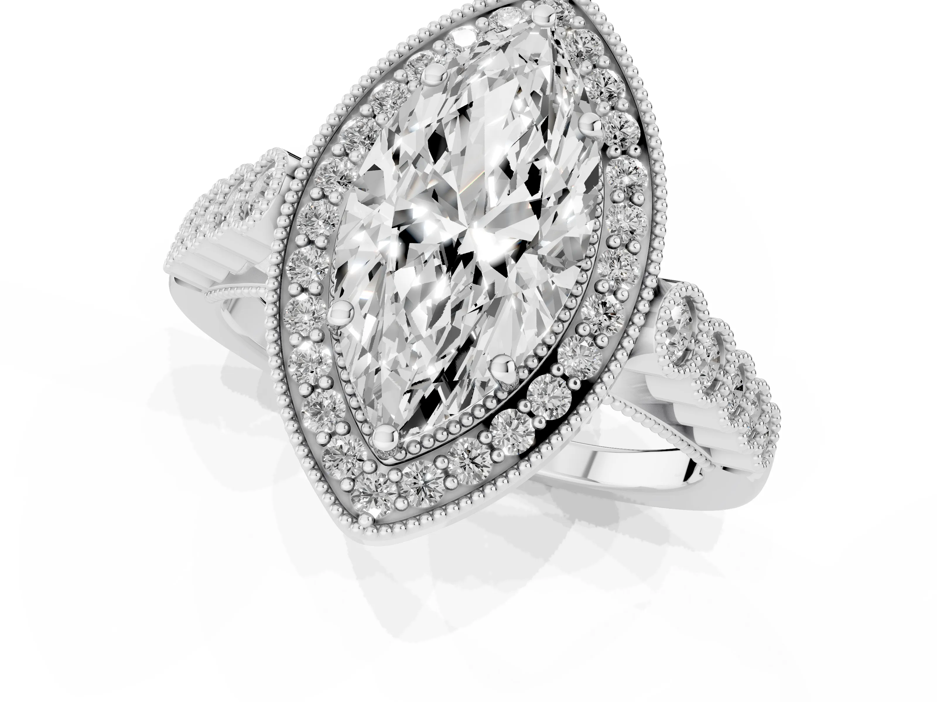 Marquise Cut Diamond Milgrain Halo Solitaire Ring Set in White gold with Bezel Set Side Stones and Pavé Band – second view