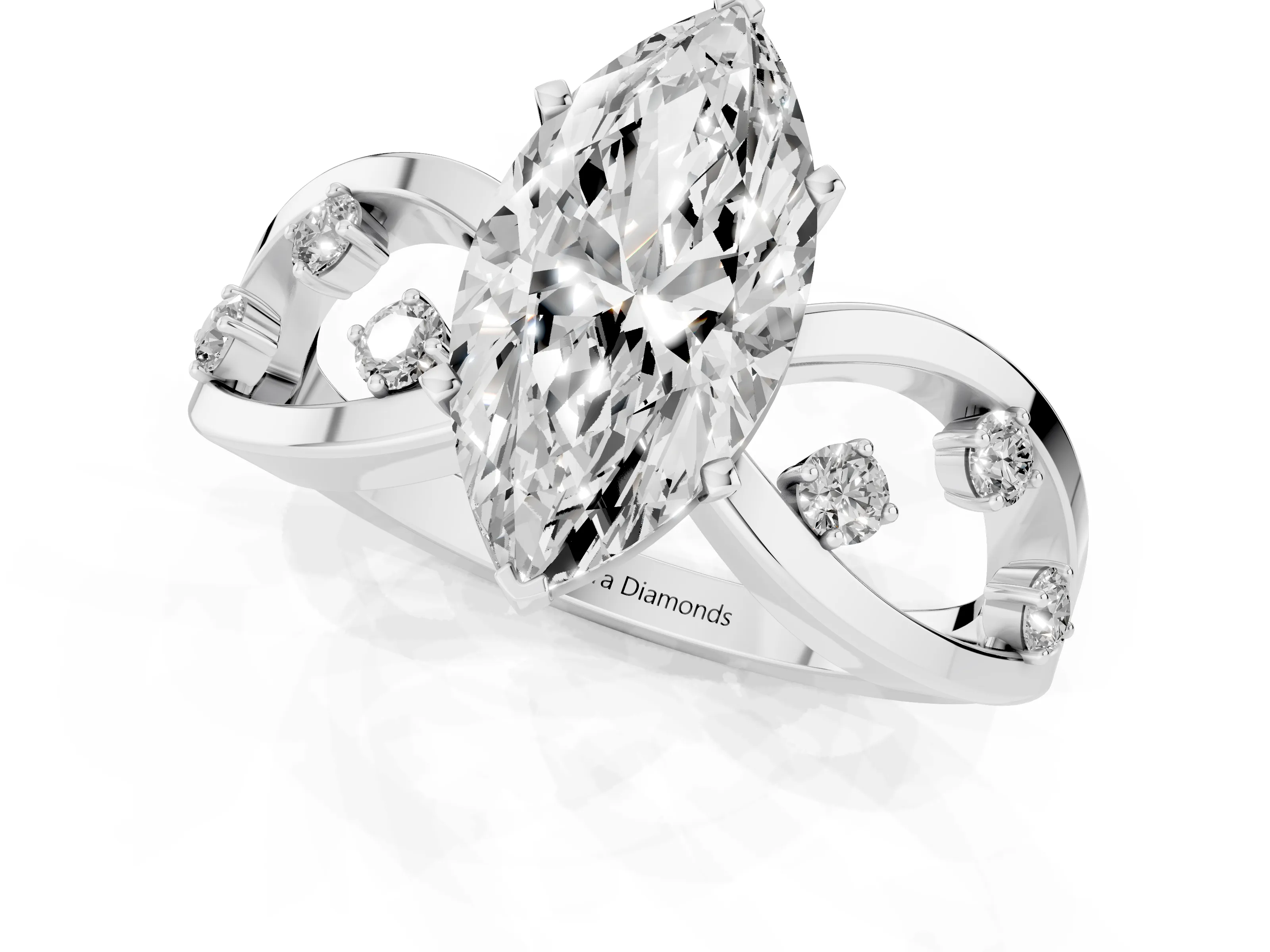 Marquise Cut Diamond Solitaire Ring Set in Silver with Side Stones on Criss-Cross Band and Prong Setting