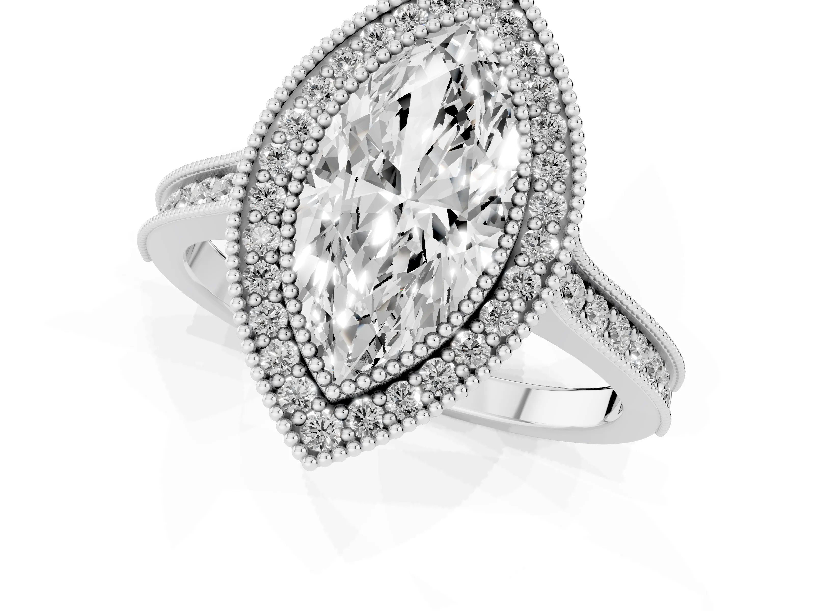 Marquise Cut Diamond Halo Milgrain Pavé Band Ring Set in Platinum with Prong Setting