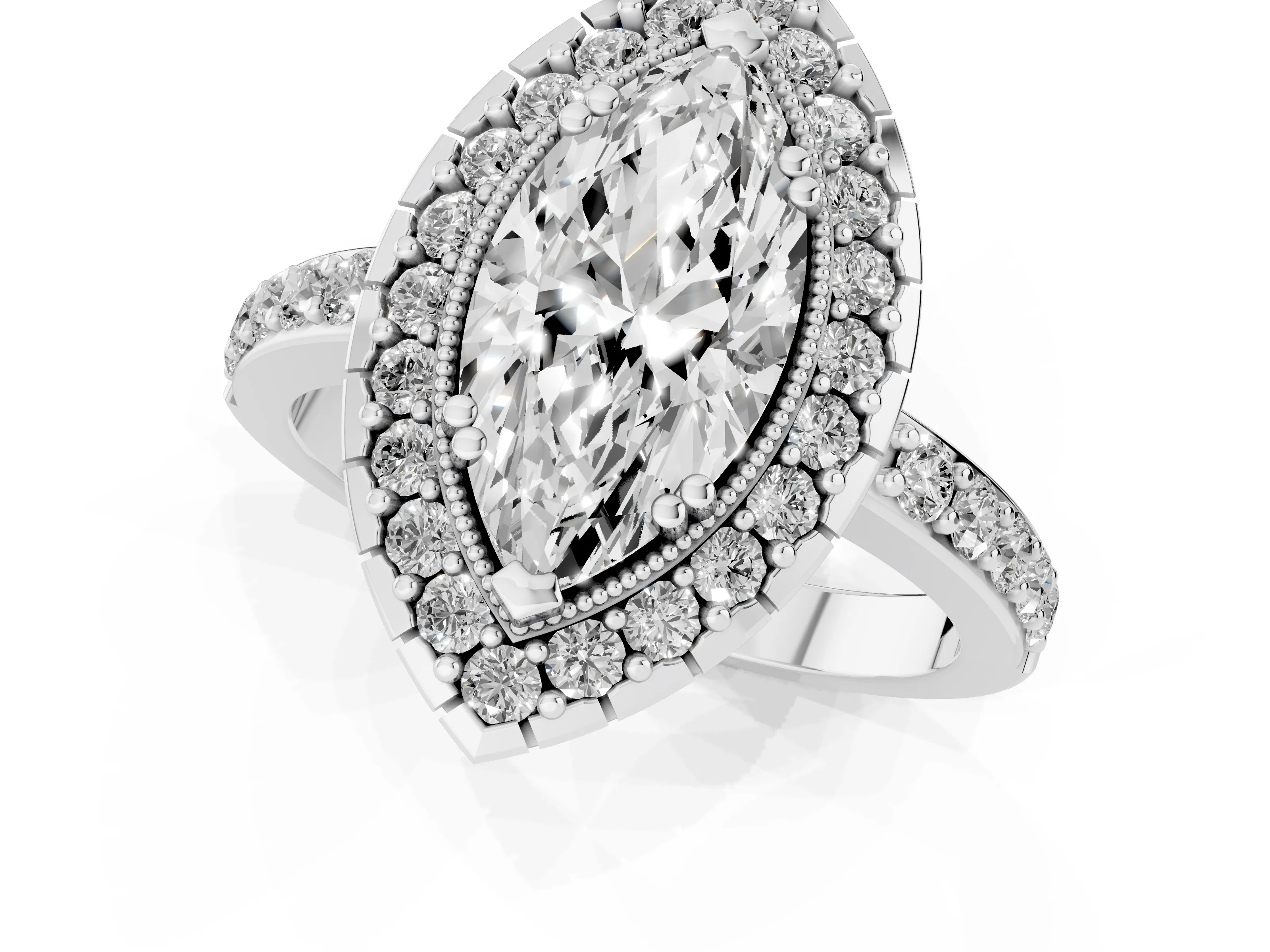 Marquise Cut Diamond Halo Ring Set in White gold with Pavé Shank and Prong Setting