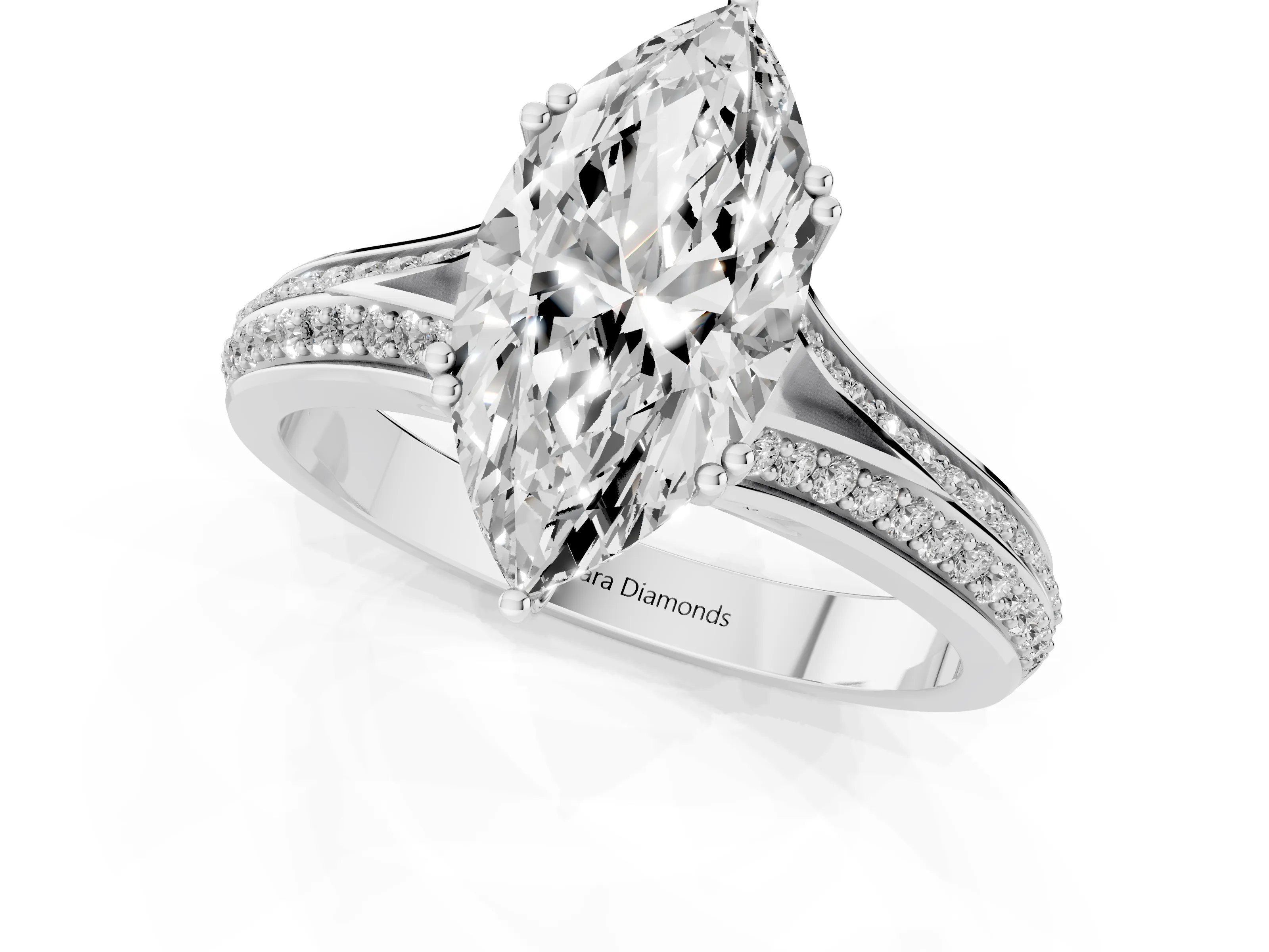 Marquise Cut Diamond Split Shank Pavé Engagement Ring Set in Platinum with Prong-Set Center Stone
