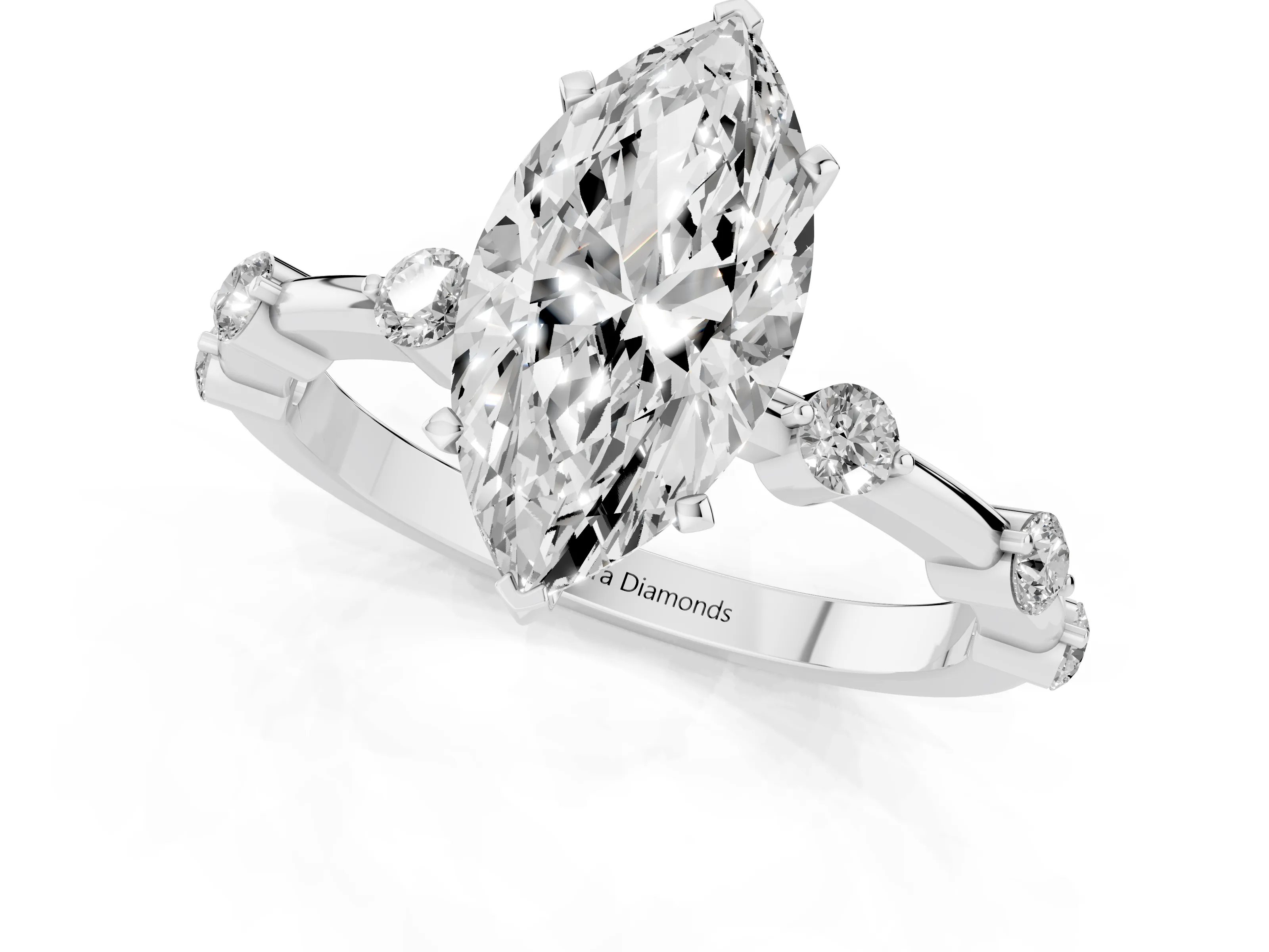 Marquise Cut Diamond Solitaire Ring Set in White gold with Bezel Set Side Stones and Prong Setting