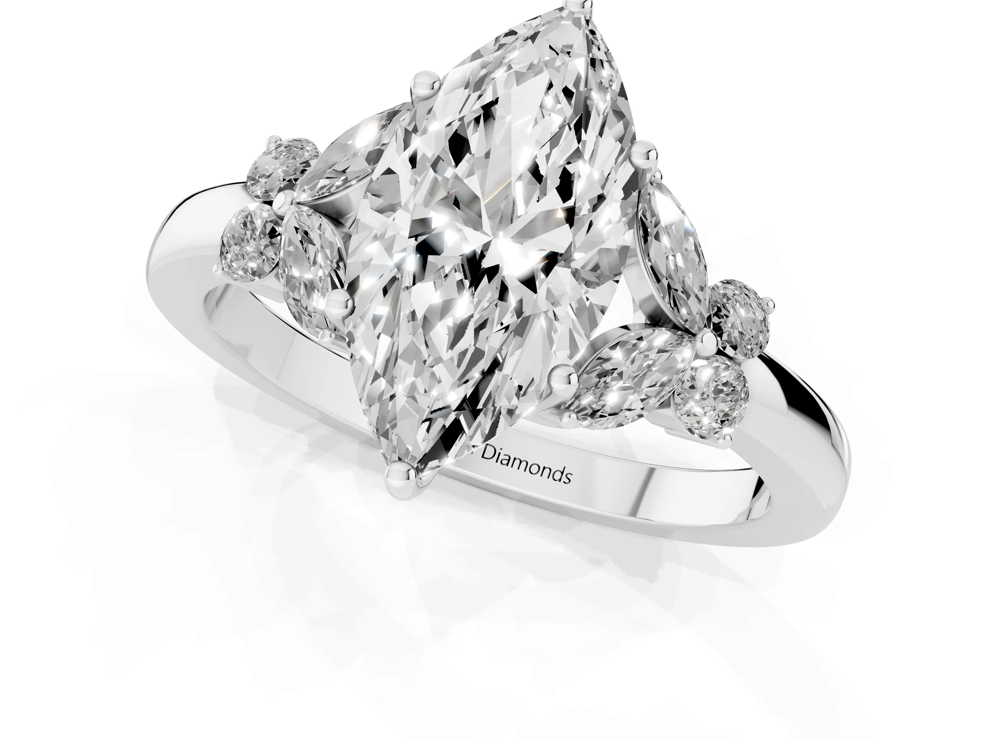 Marquise Cut Diamond Solitaire Floral Ring Set in White gold with Marquise Petals and Prong Setting