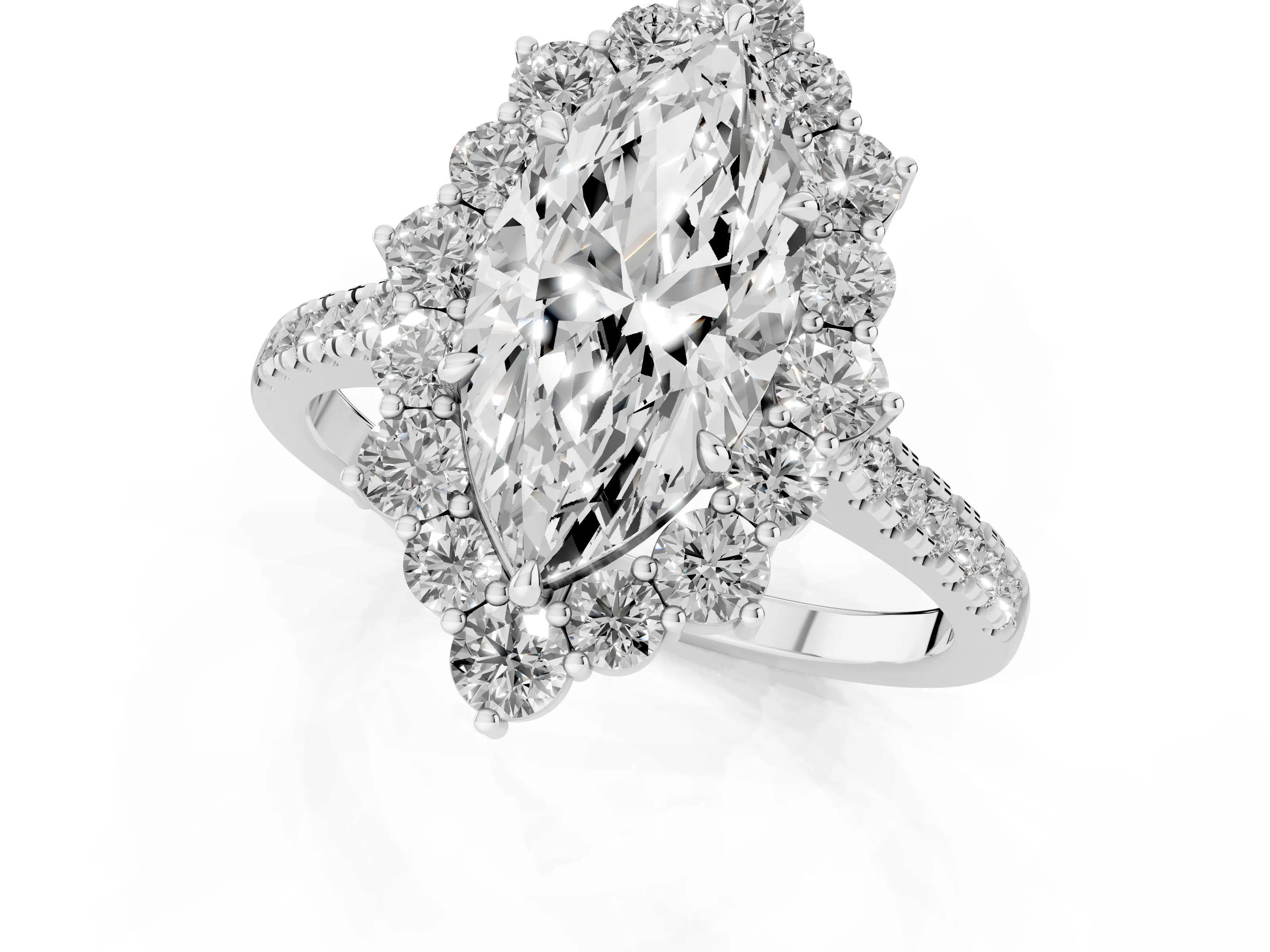 Marquise Cut Diamond Halo Ring Set in Silver with Pavé Band and Prong Setting