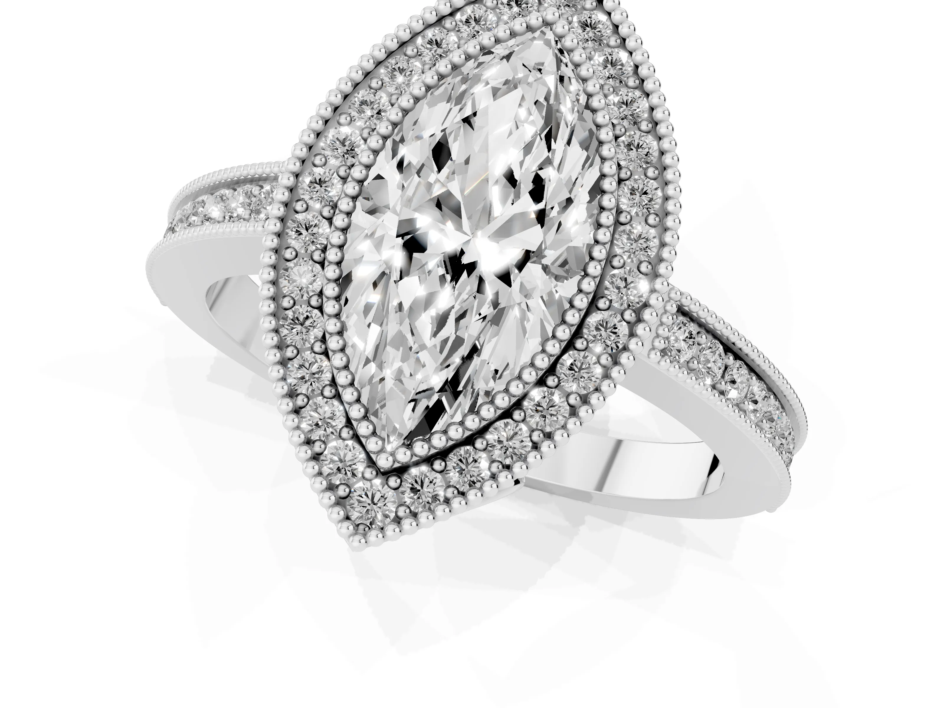 Marquise Cut Diamond Halo Ring Set in White gold with Pavé Band and Milgrain-Edged Prongs