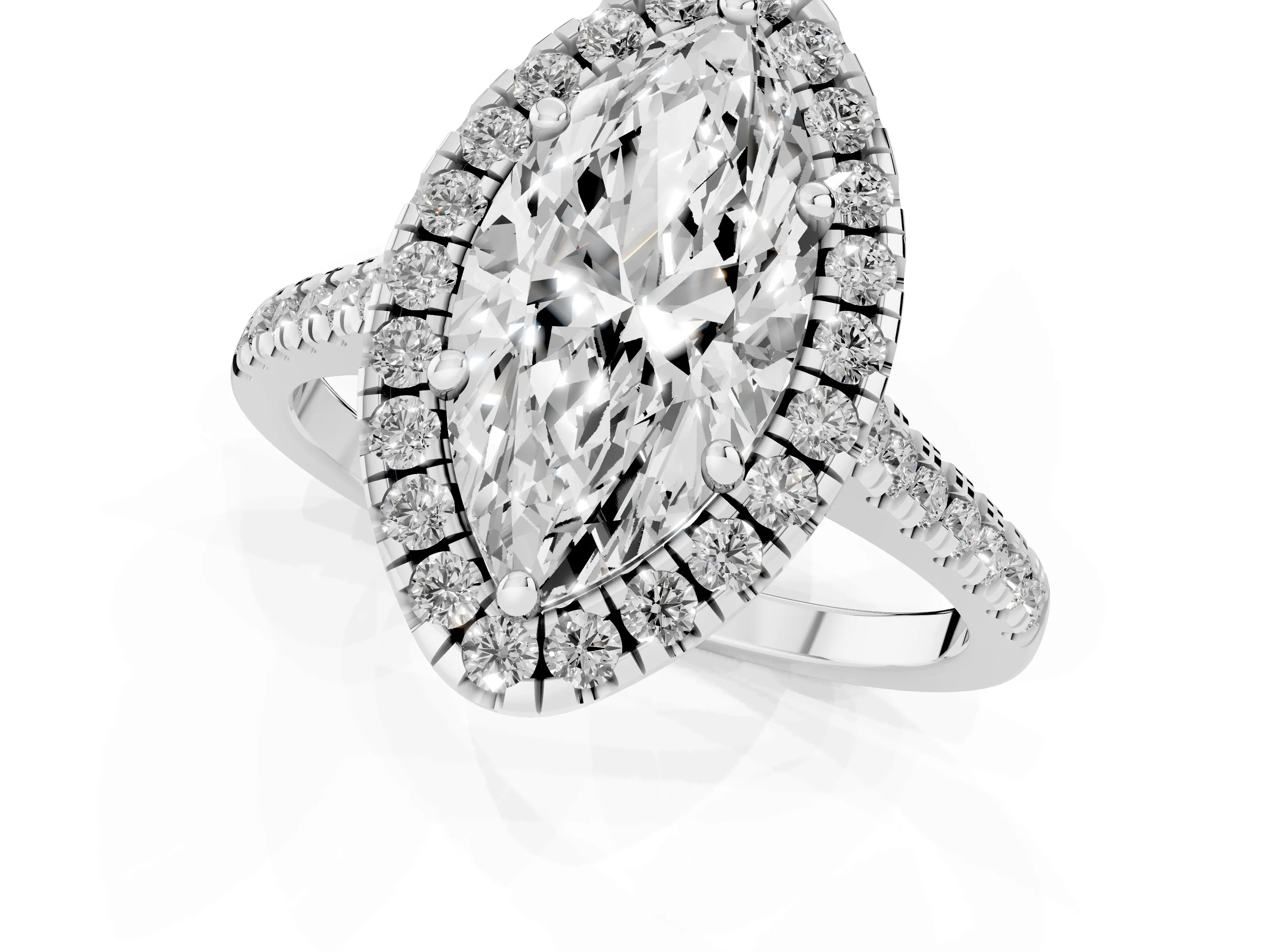 Marquise Cut Diamond Cushion Halo Ring Set in White gold with Pavé Band – second view