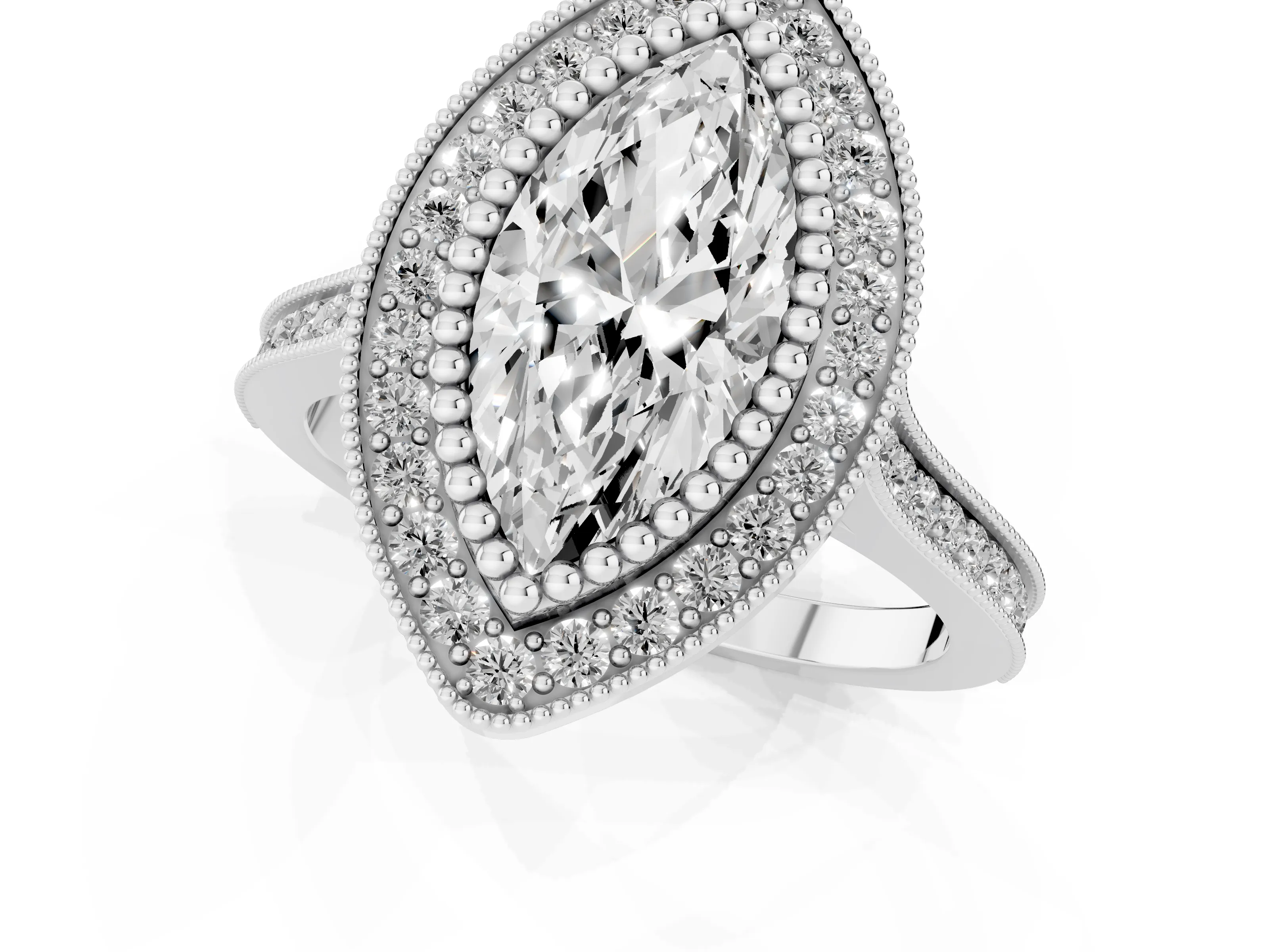 Marquise Cut Diamond Halo Ring Set in Silver with Milgrain Frame and Pavé Band