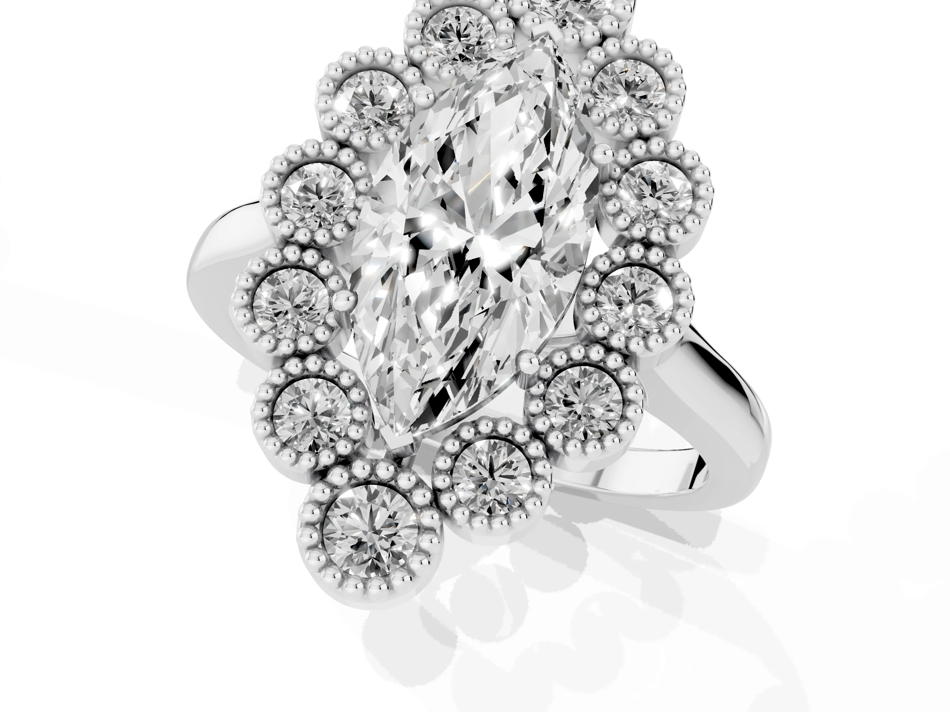 Marquise Cut Diamond Cluster Halo Ring Set in Platinum with Milgrain Bezel Accents and Plain Band