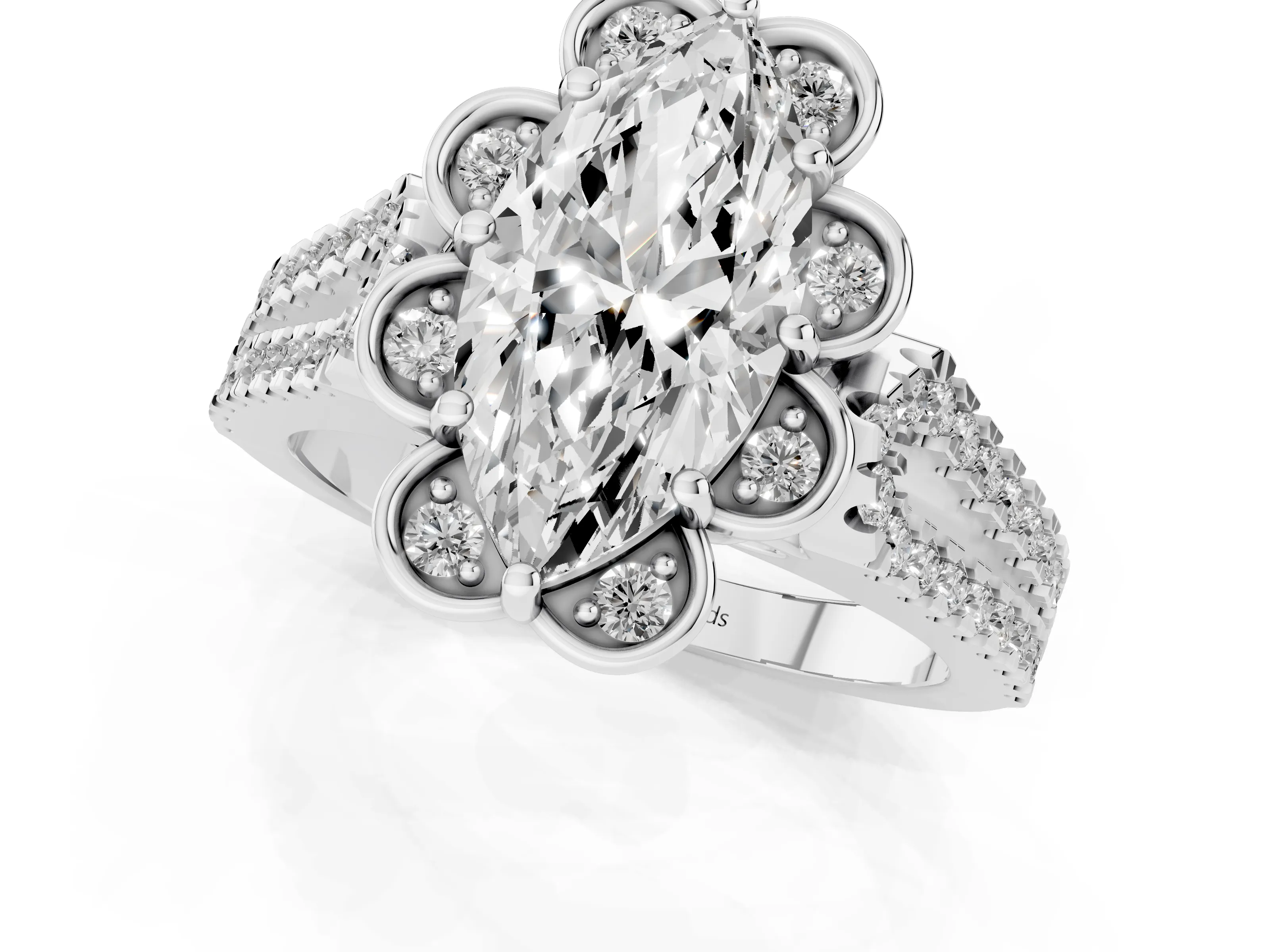 Marquise Cut Diamond Floral Halo Split Shank Engagement Ring Set in White gold with Pavé Shank